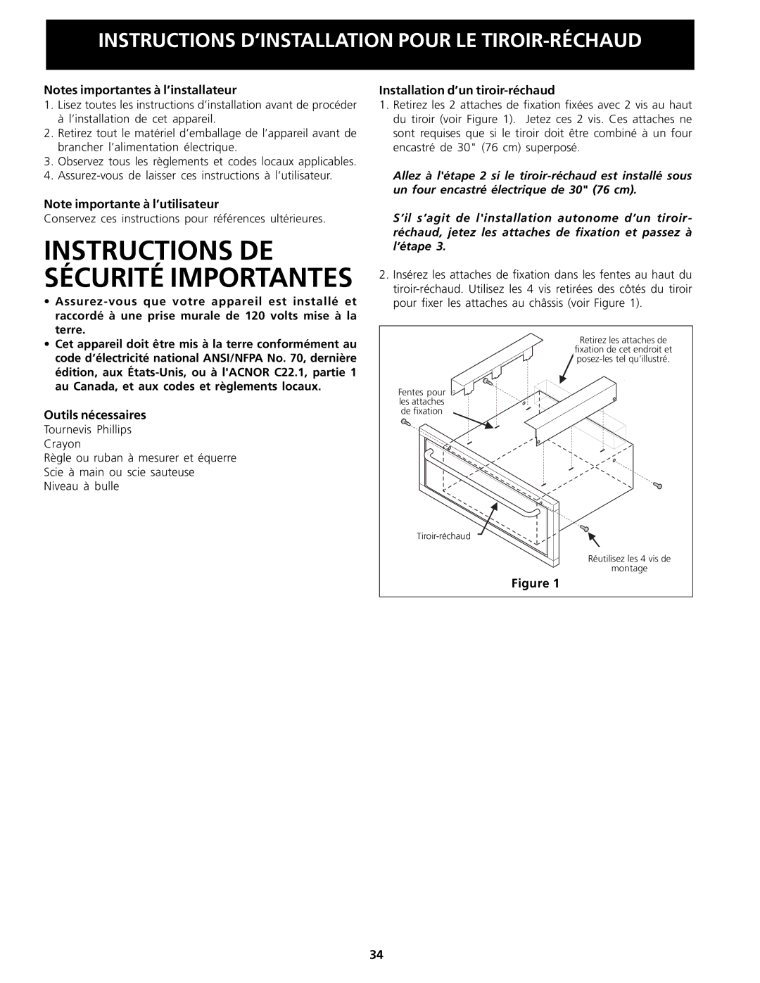 Frigidaire Warm & Serve Drawer important safety instructions Outils nécessaires, Installation d’un tiroir-réchaud 