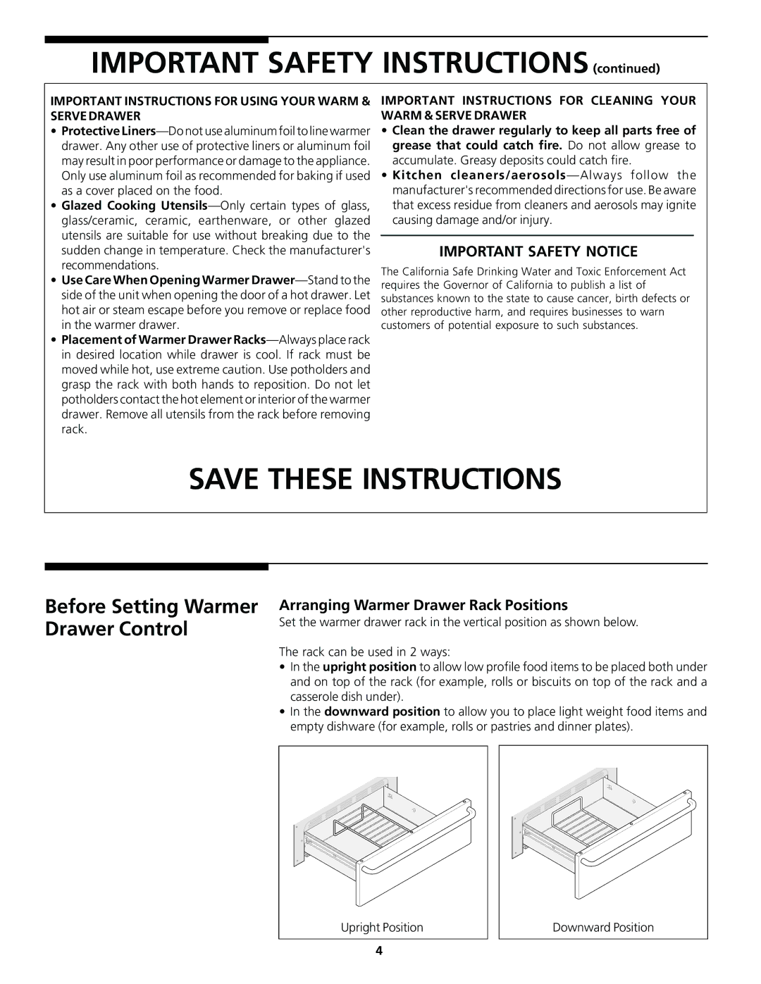 Frigidaire Warm & Serve Drawer Before Setting Warmer Drawer Control, Arranging Warmer Drawer Rack Positions 