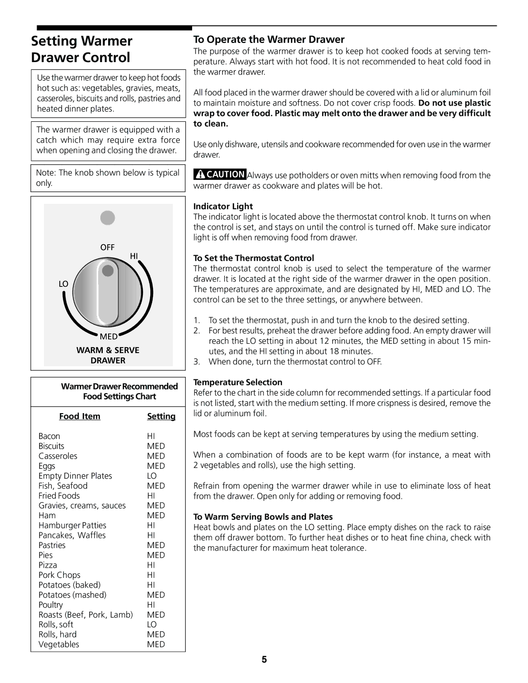 Frigidaire Warm & Serve Drawer important safety instructions Setting Warmer Drawer Control, To Operate the Warmer Drawer 