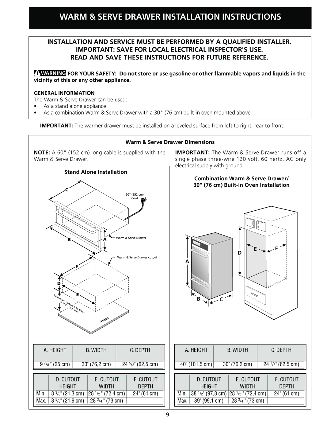 Frigidaire important safety instructions General Information, Warm & Serve Drawer Dimensions Stand Alone Installation 