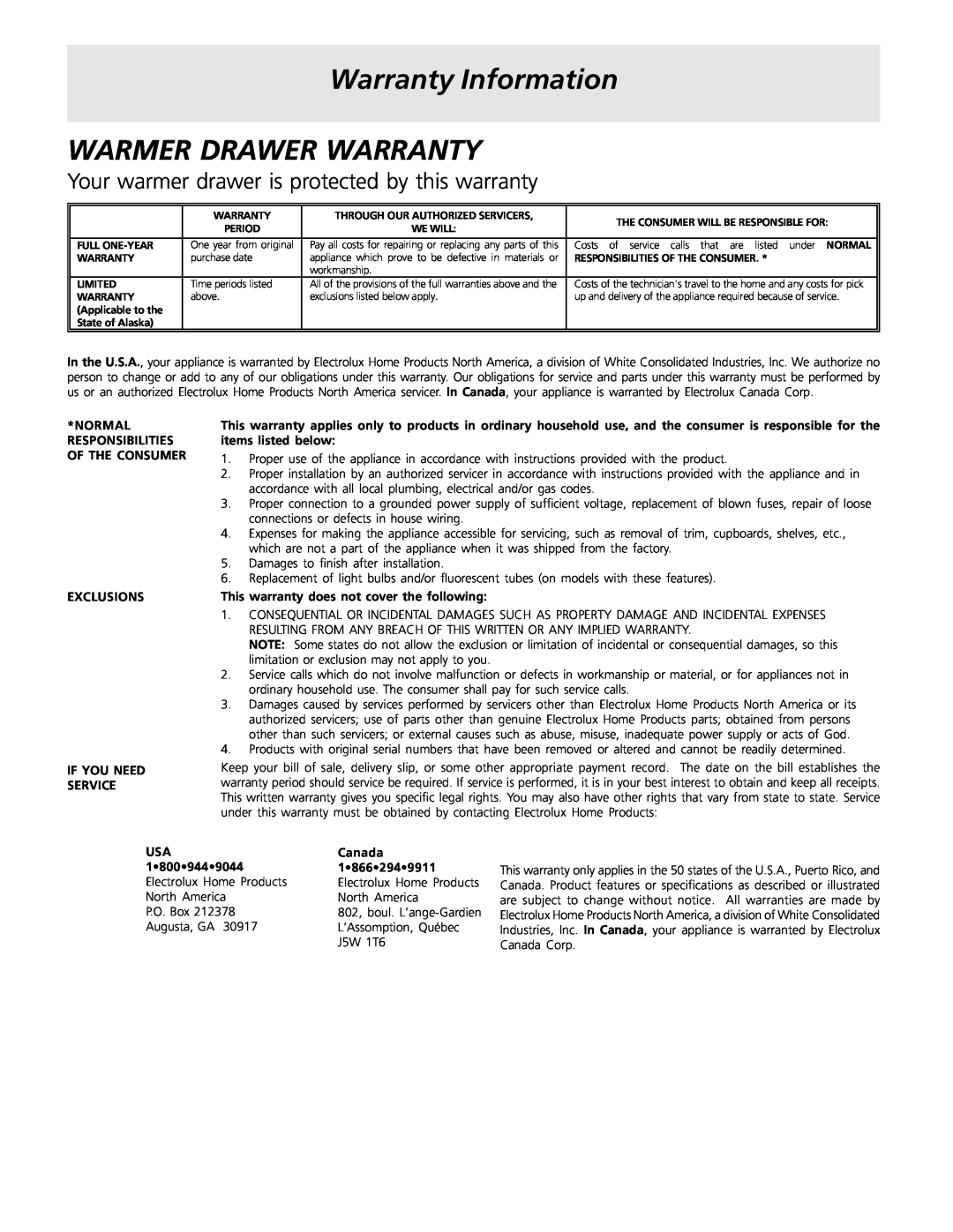 Frigidaire Warm & Serve Drawer Warranty Information, Warmer Drawer Warranty, Normal Responsibilities Of The Consumer 