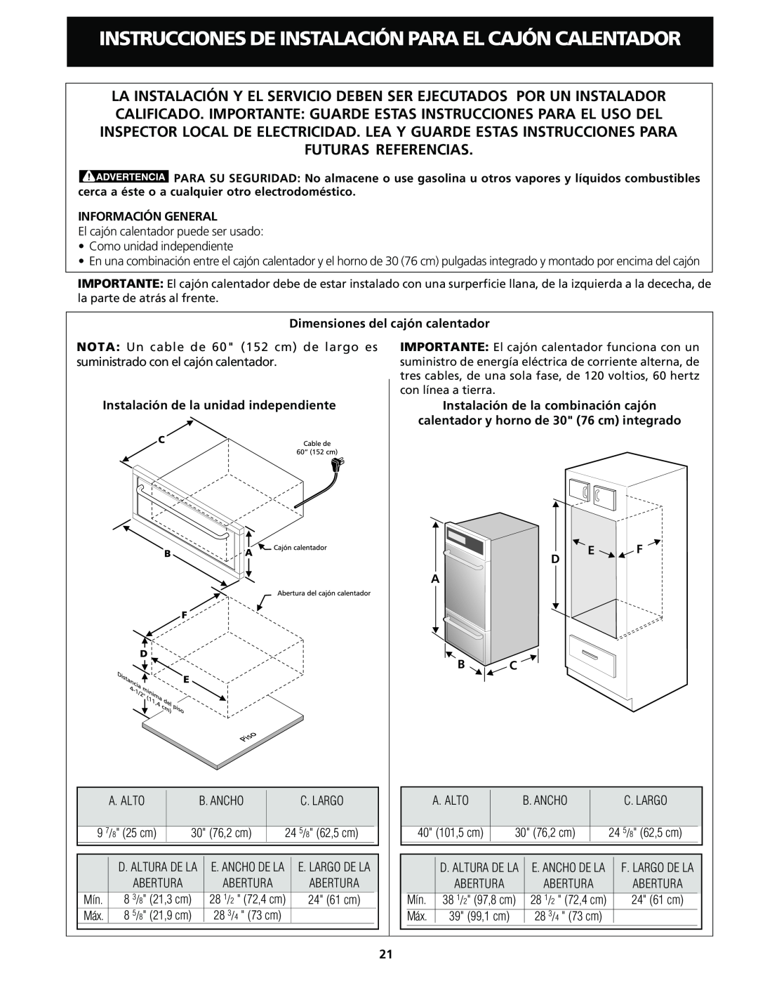 Frigidaire Warm & Serve Drawer Información General, Dimensiones del cajón calentador, Instalación de la combinación cajón 