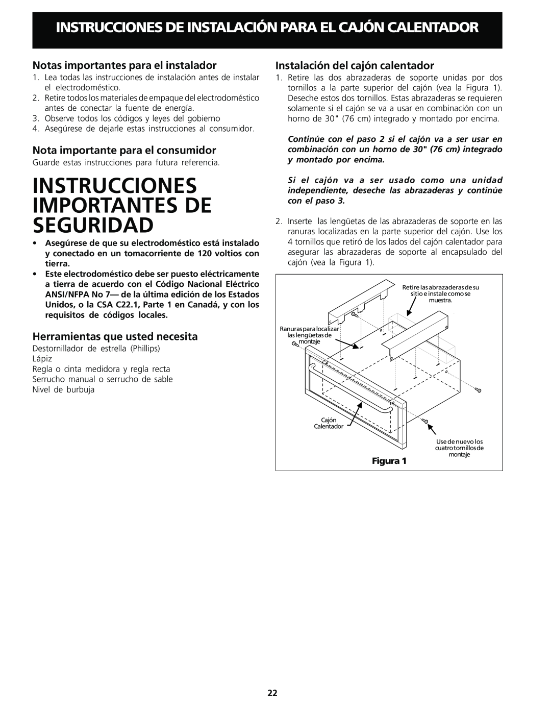 Frigidaire Warm & Serve Drawer Instrucciones Importantes De Seguridad, Notas importantes para el instalador, Figura 