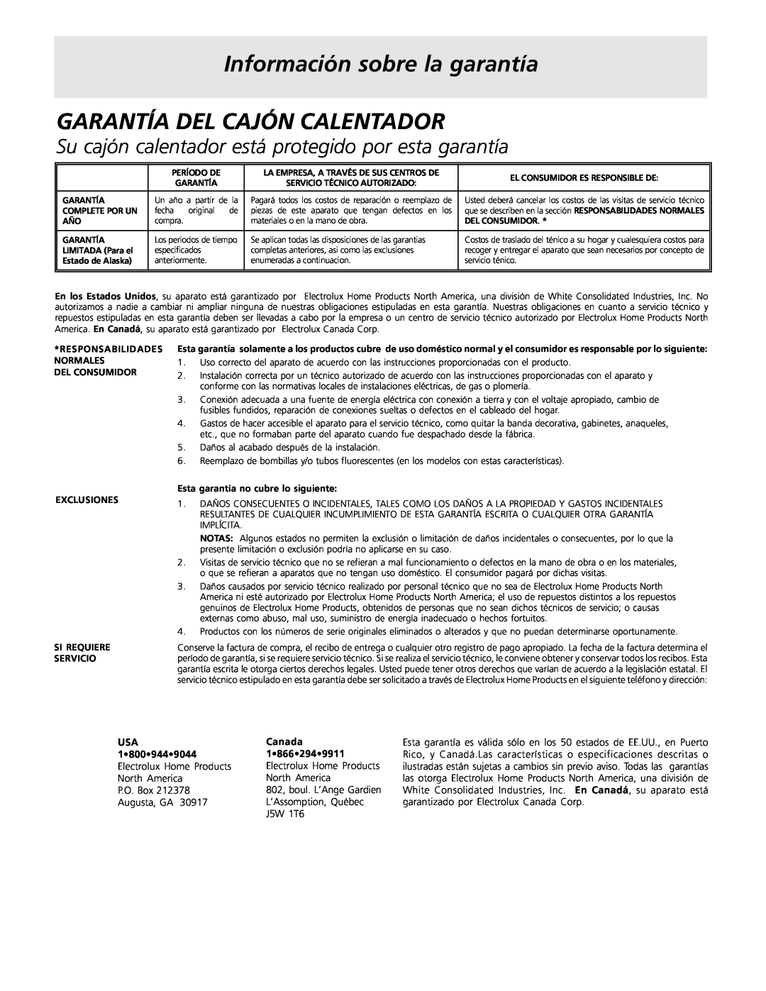 Frigidaire Warm & Serve Drawer Información sobre la garantía, Garantía Del Cajón Calentador, Canada 