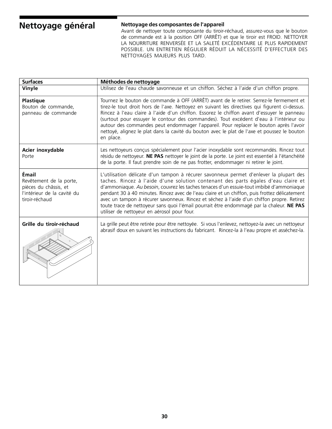 Frigidaire Warm & Serve Drawer Nettoyage général, Nettoyage des composantes de lappareil, Méthodes de nettoyage, Vinyle 