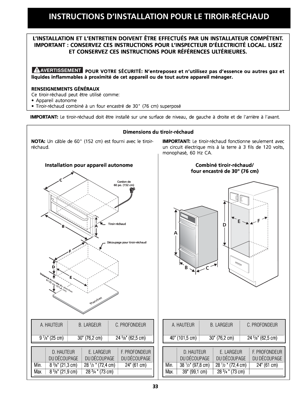 Frigidaire Warm & Serve Drawer Renseignements Généraux, Dimensions du tiroir-réchaud, Installation pour appareil autonome 