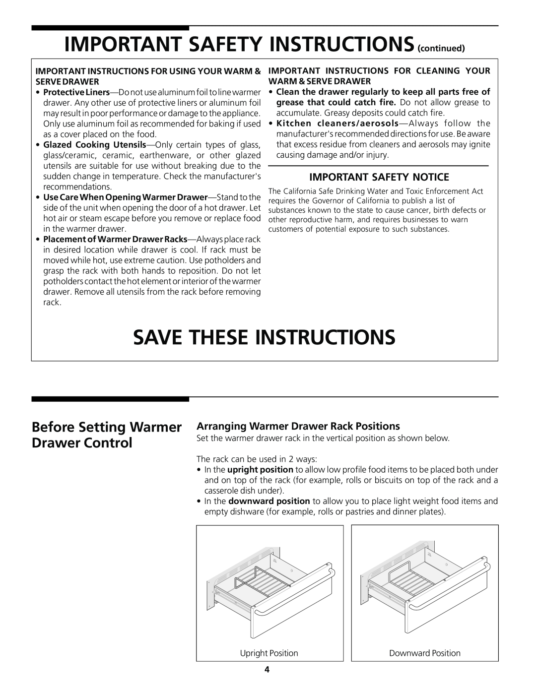 Frigidaire Warm & Serve Drawer IMPORTANT SAFETY INSTRUCTIONS continued, Save These Instructions, Important Safety Notice 