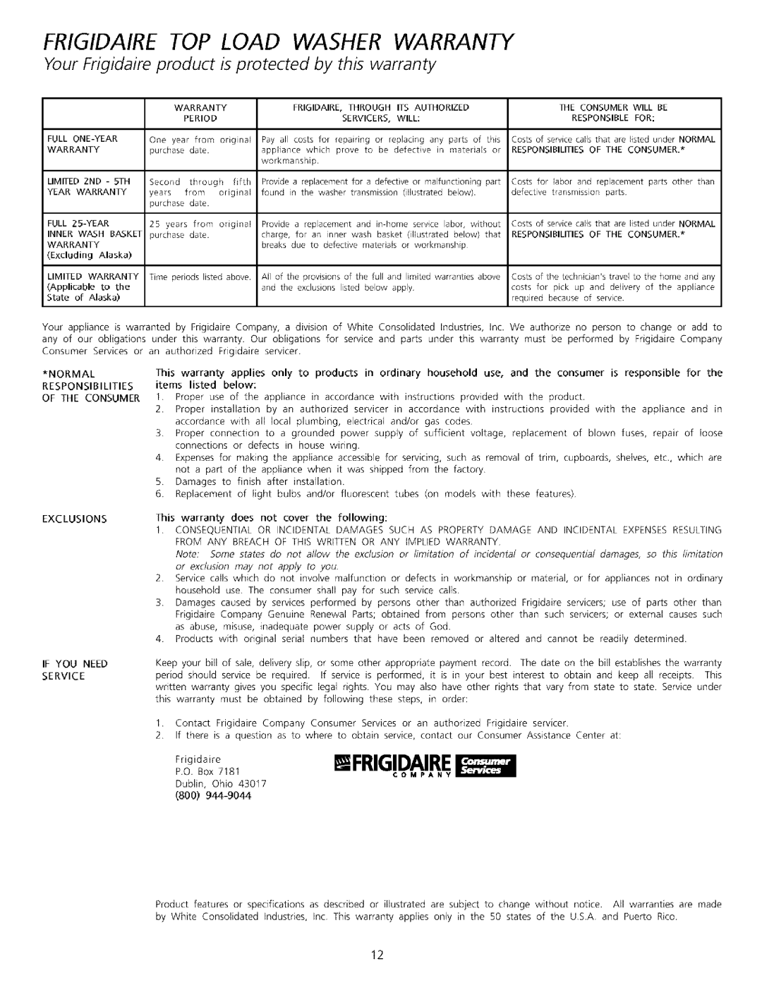 Frigidaire important safety instructions Frigidaire TOP Load Washer Warranty 