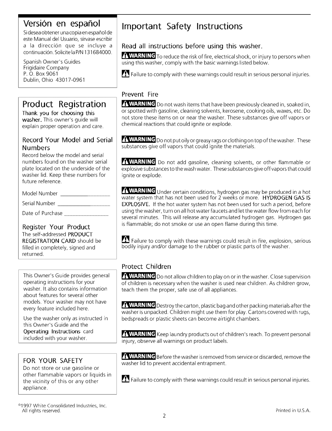 Frigidaire Washer important safety instructions Product Registration, For Your Safety 