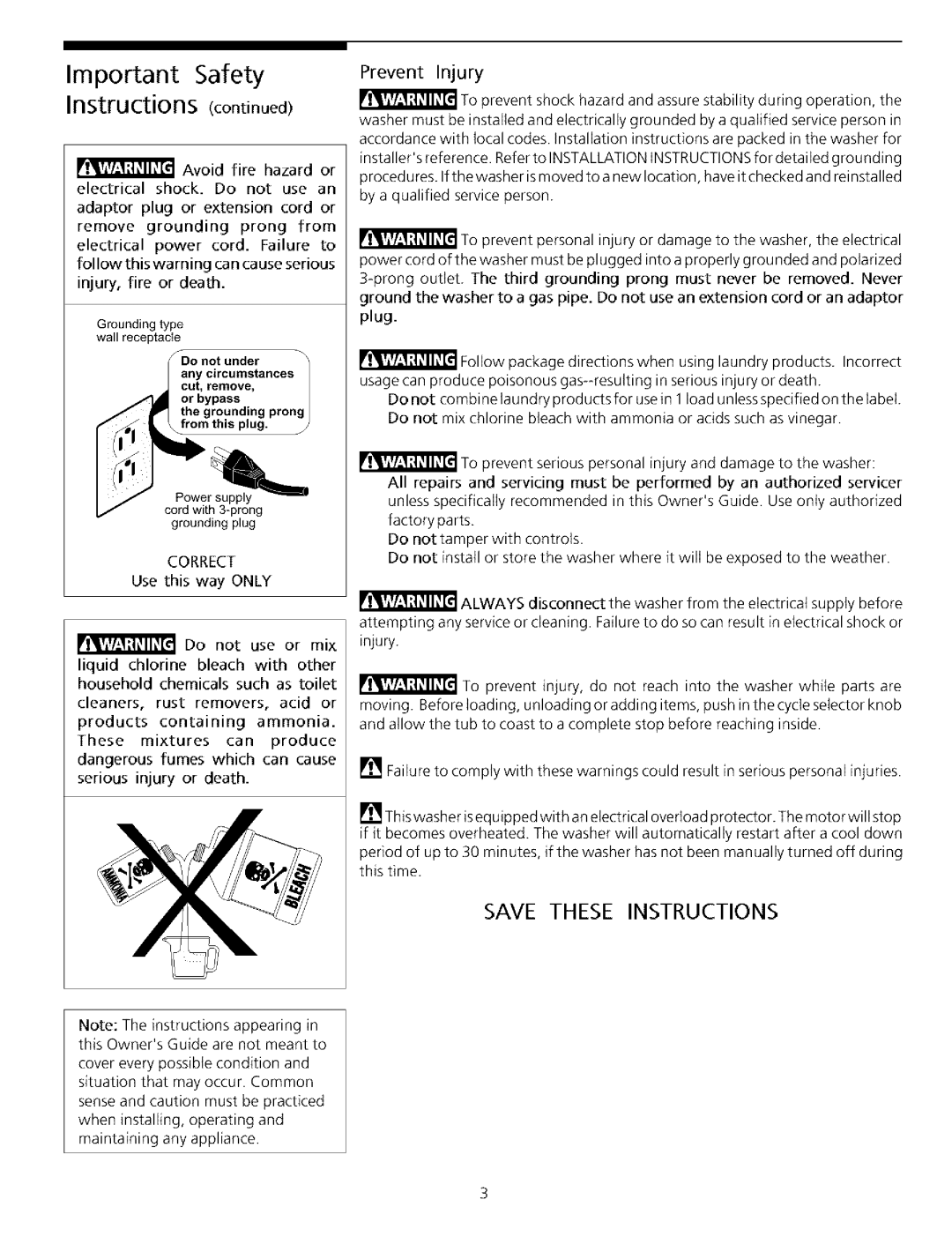 Frigidaire Washer important safety instructions Important Safety Instructions, Prevent Injury, Correct 