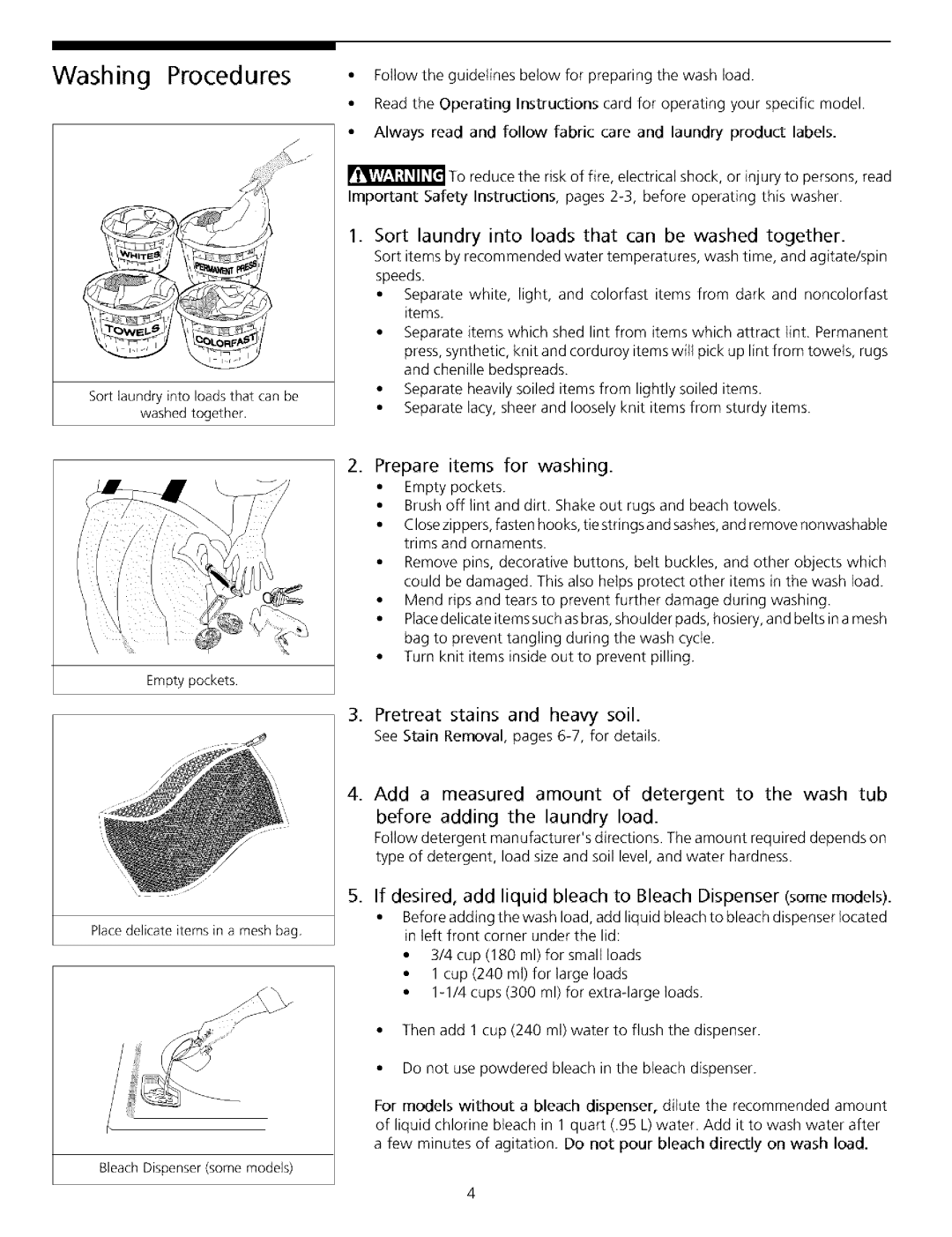 Frigidaire Washer Washing Procedures, Sort laundry into loads that can be washed together, Prepare items for washing 