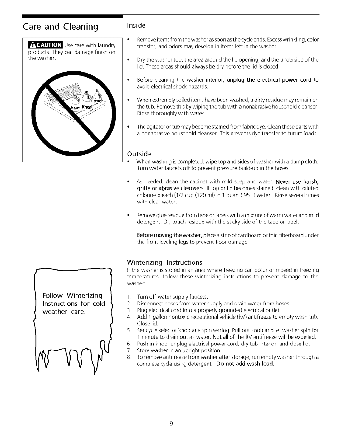 Frigidaire Washer Care and Cleaning, Inside, Follow Winterizing Instructions for cold weather care 