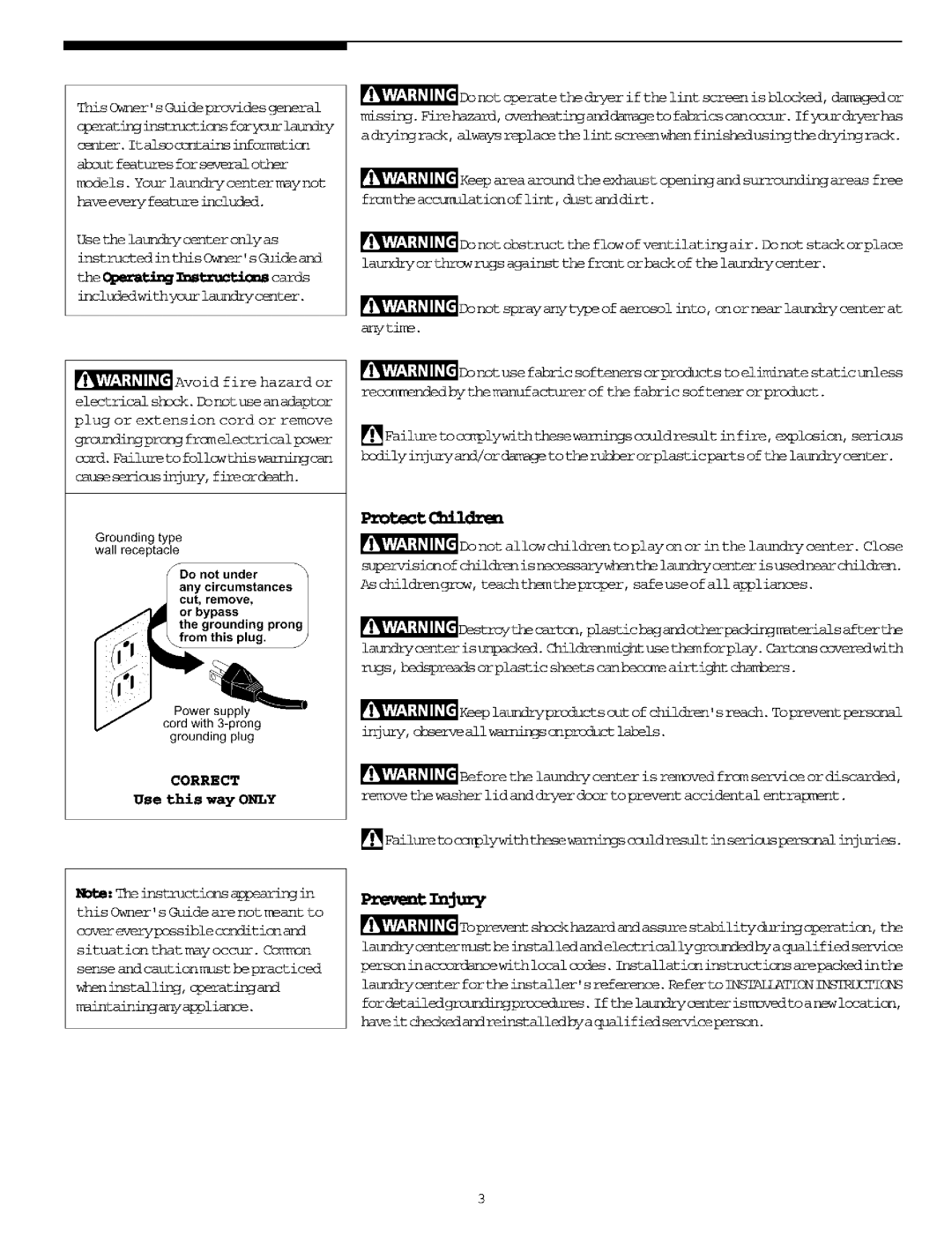 Frigidaire Washer/Dryer manual Prevent nJury, ThisO,mersGuideprovidesgermral, Avoid fire hazard or, Use this way only 