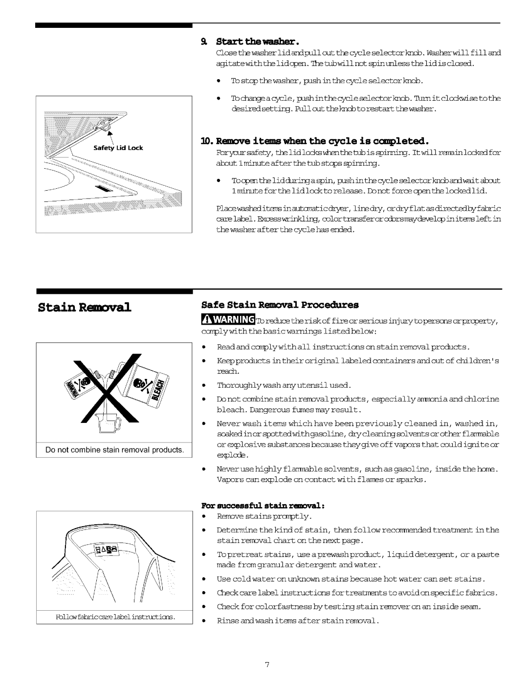 Frigidaire Washer/Dryer Forsuss fulstaiurGmml, Remove items when the cycle is completed, Safe Stain Removal Procedures 