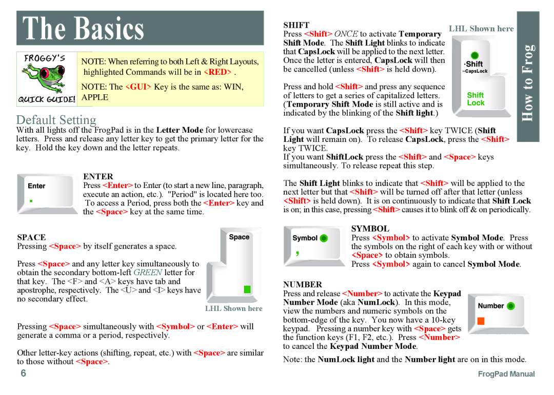 FrogPad USB instruction manual Pressing Space by itself generates a space, Press Symbol again to cancel Symbol Mode 