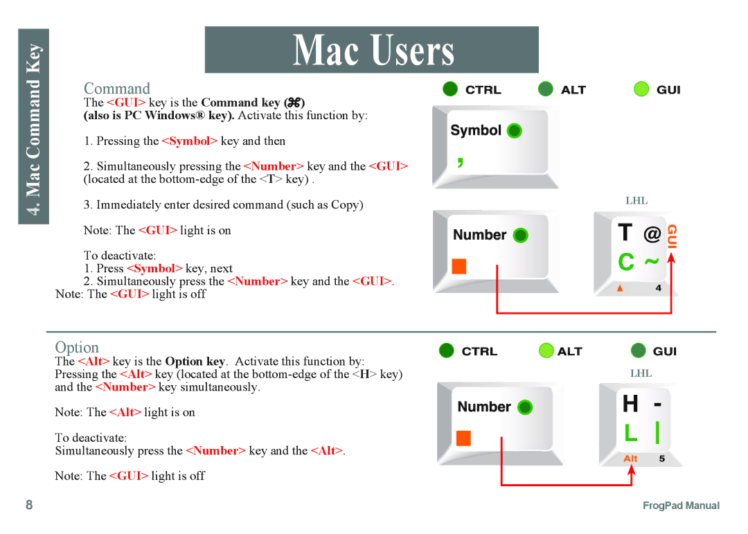 FrogPad USB instruction manual Pressing the Symbol key and then, Simultaneously pressing the Number key and the GUI 