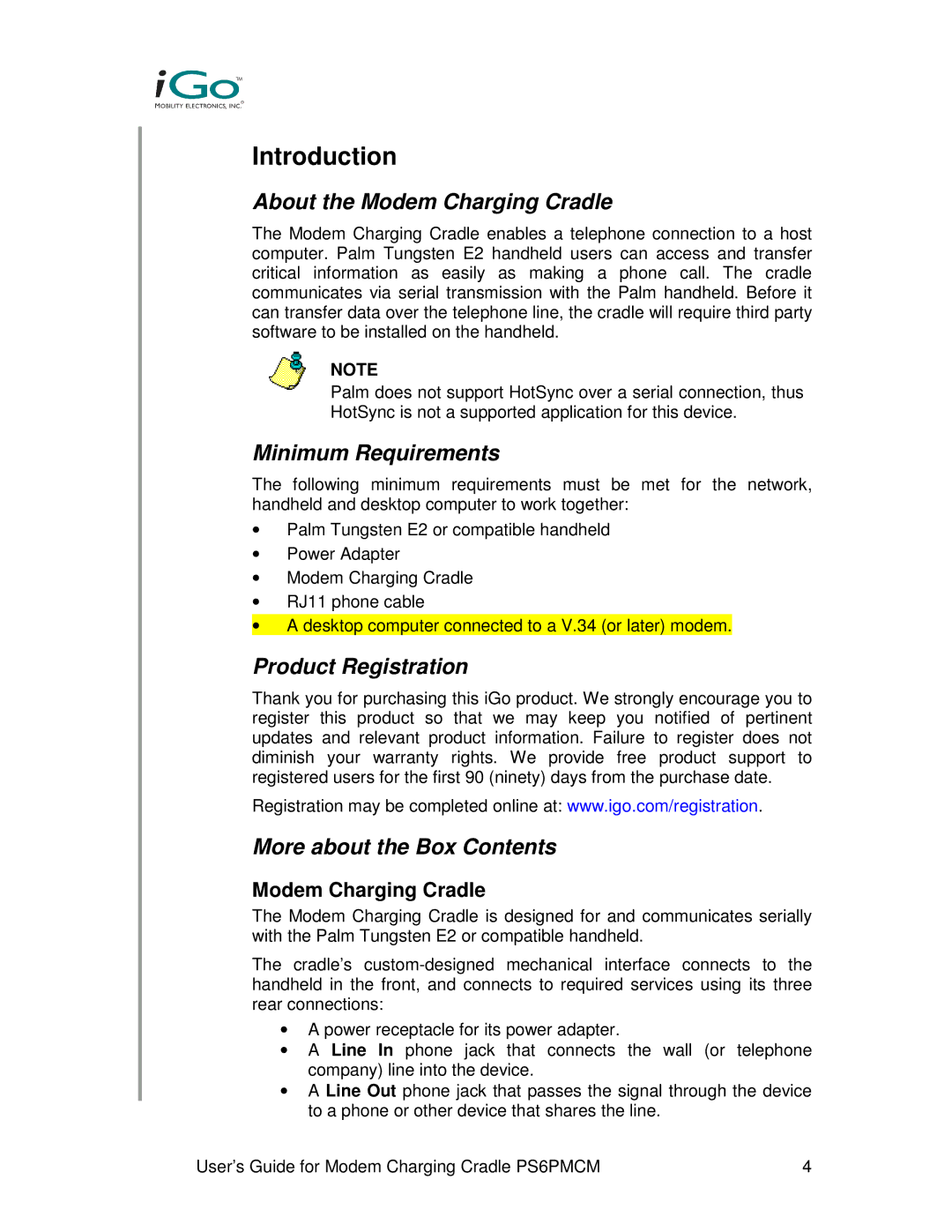 Front Electronics PS6PMCM Introduction, About the Modem Charging Cradle, Minimum Requirements, Product Registration 