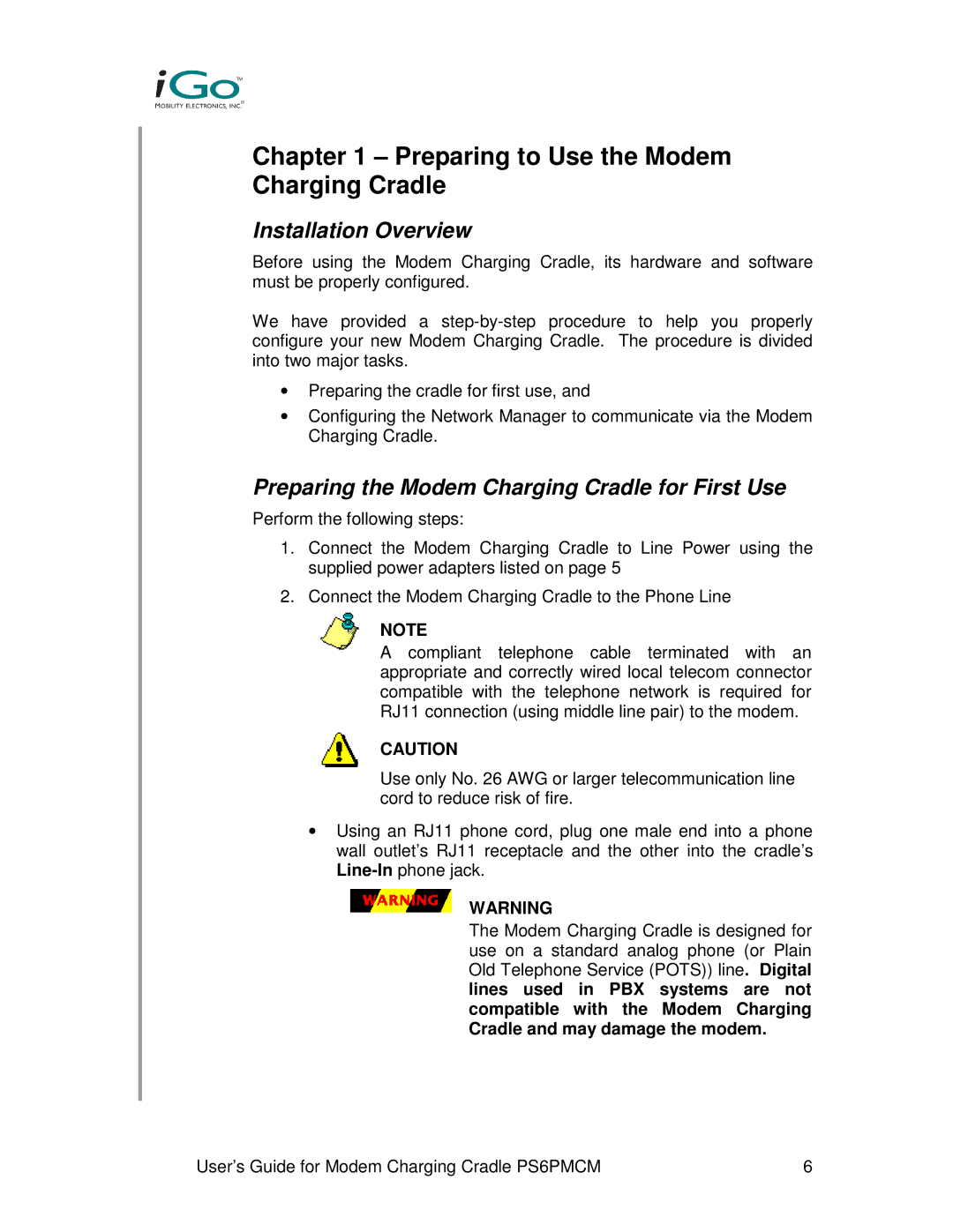 Front Electronics PS6PMCM warranty Preparing to Use the Modem Charging Cradle, Installation Overview 