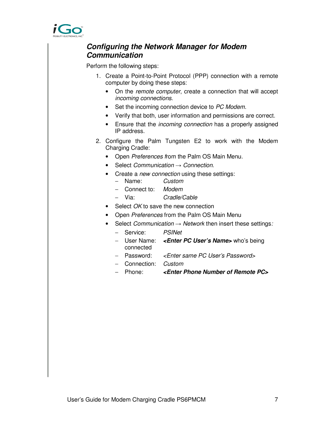 Front Electronics PS6PMCM warranty Configuring the Network Manager for Modem Communication, Cradle/Cable 