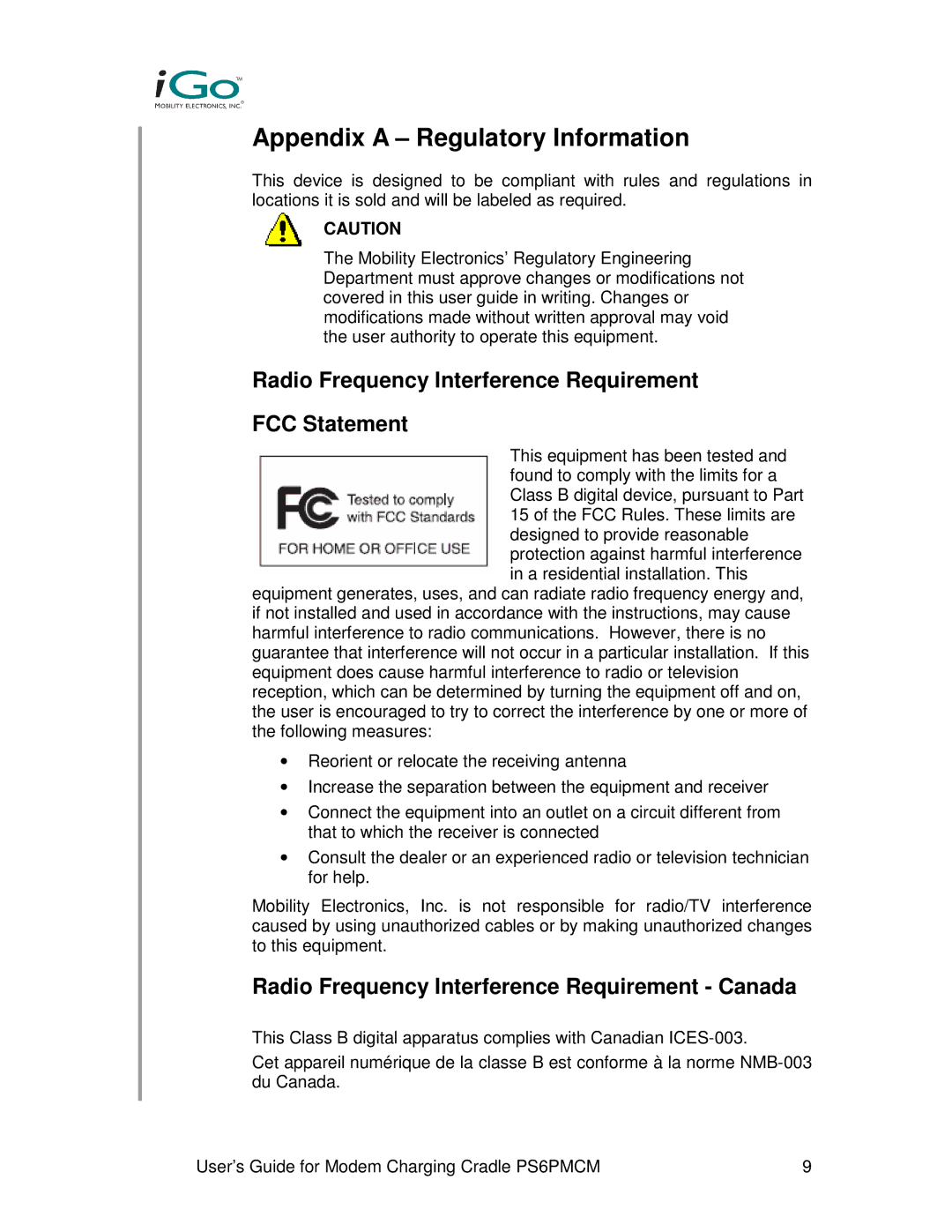 Front Electronics PS6PMCM Appendix a Regulatory Information, Radio Frequency Interference Requirement FCC Statement 