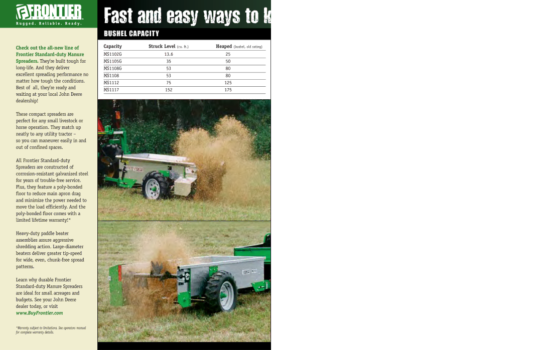 Frontier Labs MS1105G, MS1102G, MS1117, MS1108G, MS1112 manual Fast and easy ways to k, Bushel Capacity 