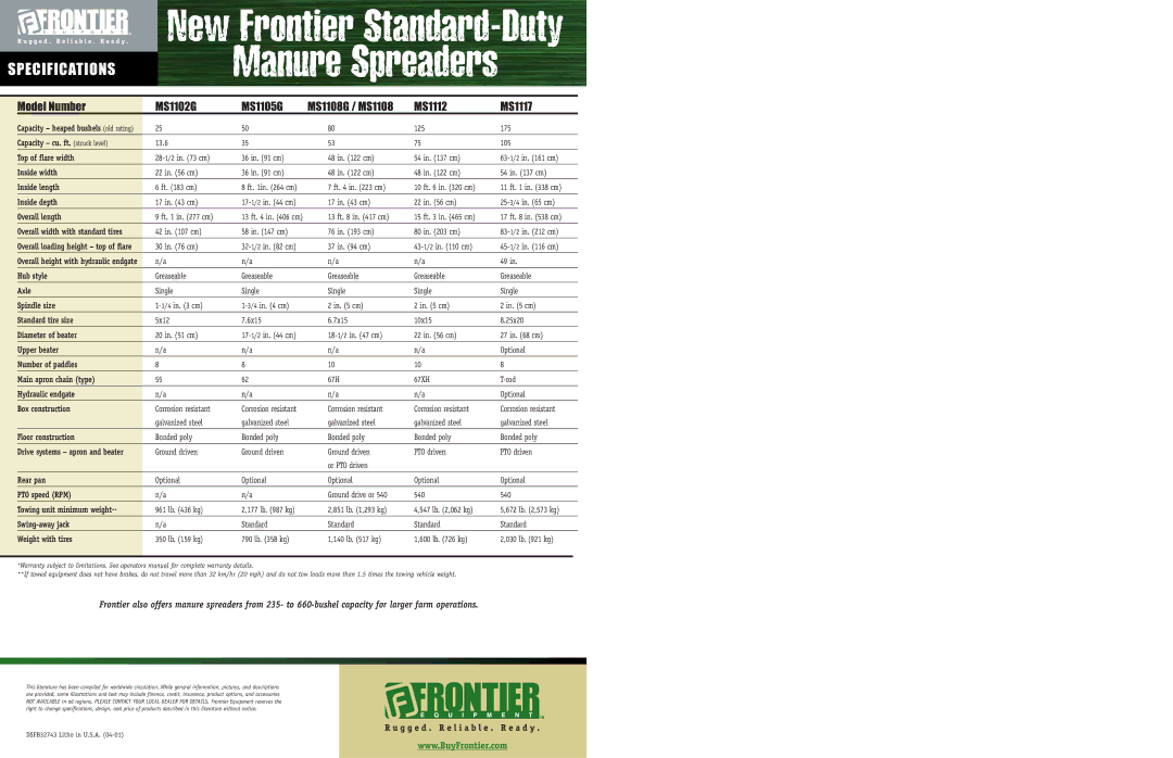 Frontier Labs MS1108G, MS1102G, MS1117, MS1105G, MS1112 manual Manure Spreaders, Specifications 