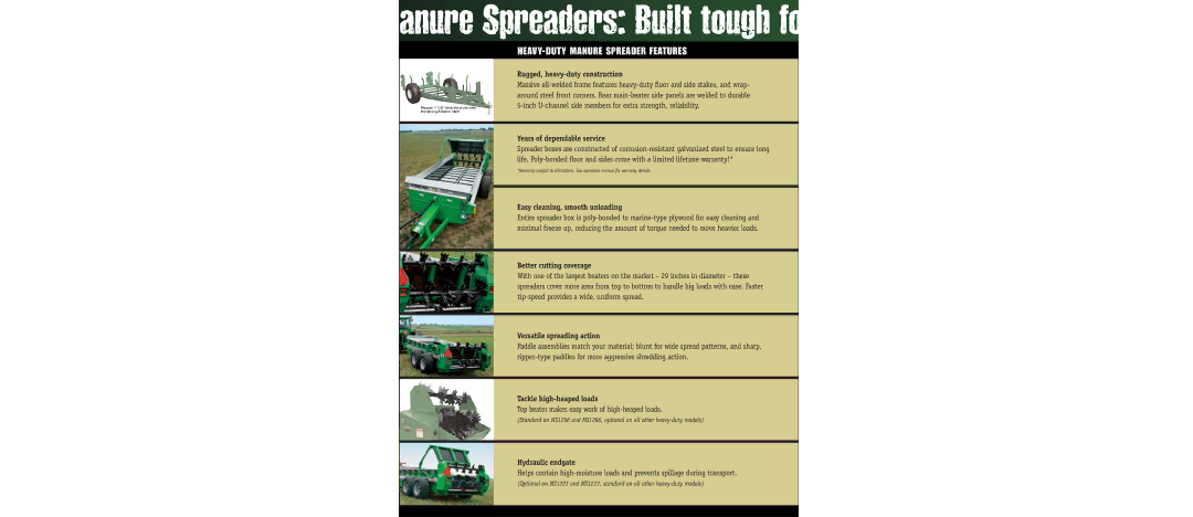 Frontier Labs MS1231, MS1266, MS1256, MS1223, MS1243 manual Anure Spreaders Built tough fo, HEAVY-DUTY Manure Spreader Features 