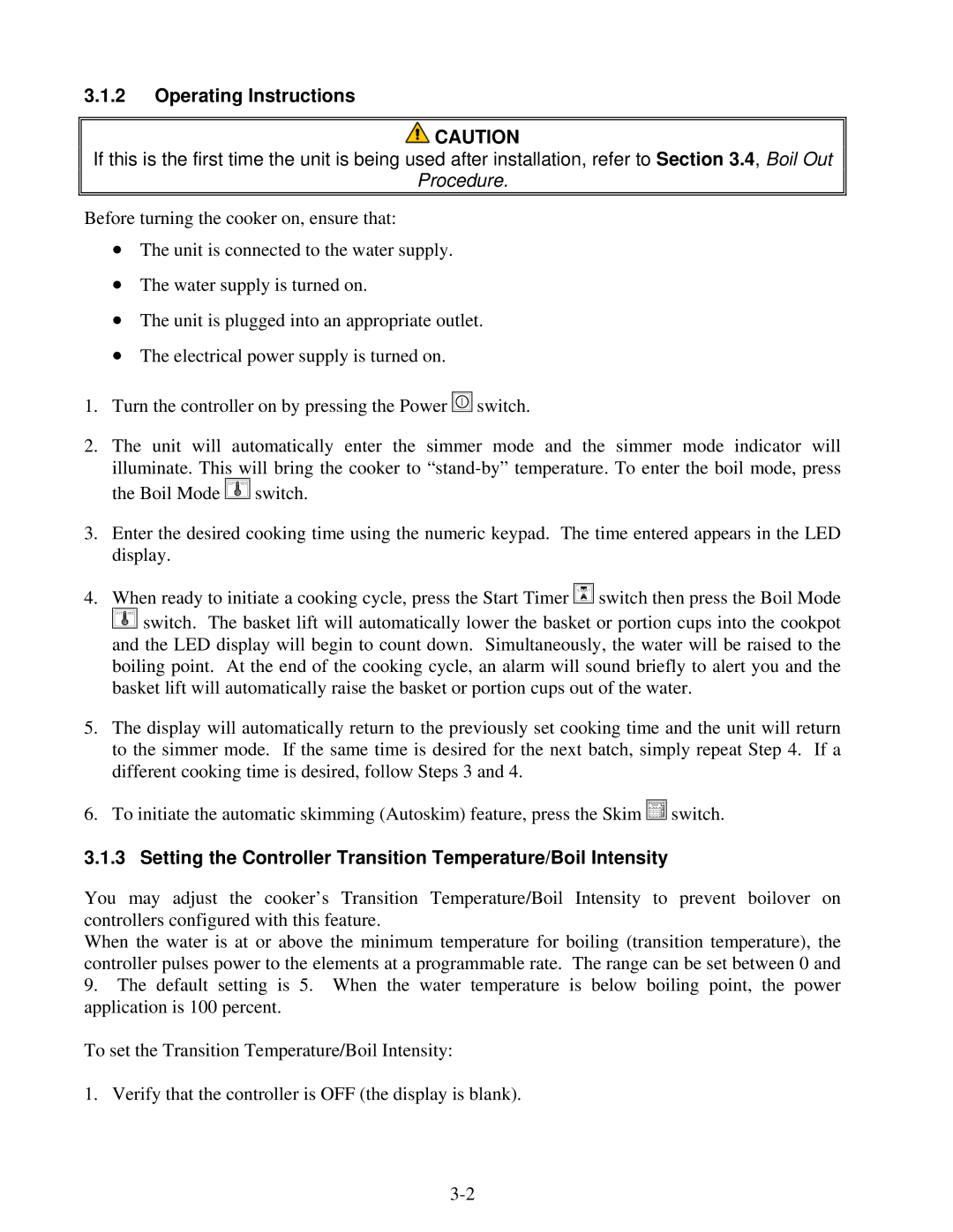 Frymaster 17SMS, 17BC, 17C manual Operating Instructions, Setting the Controller Transition Temperature/Boil Intensity 