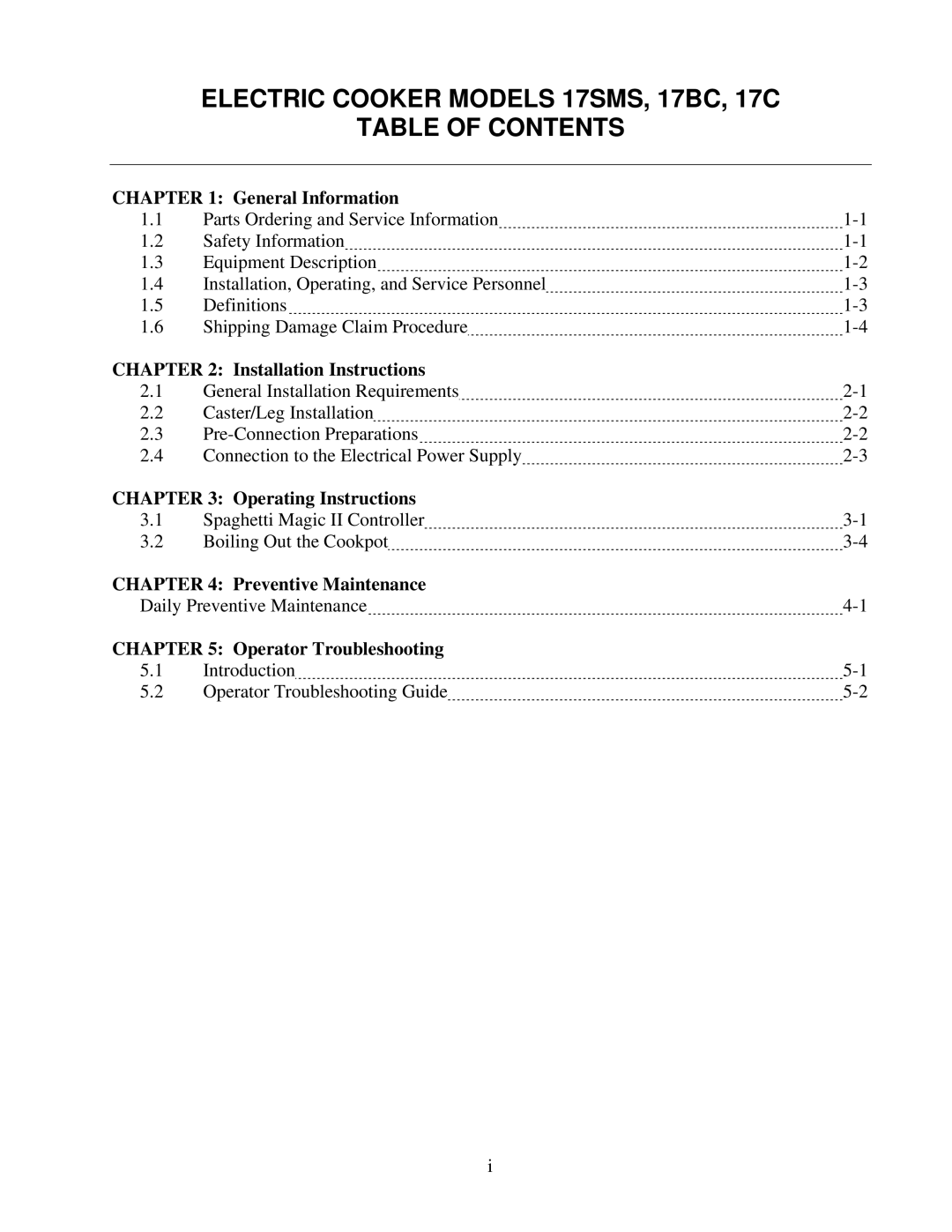 Frymaster manual Electric Cooker Models 17SMS, 17BC, 17C Table of Contents 