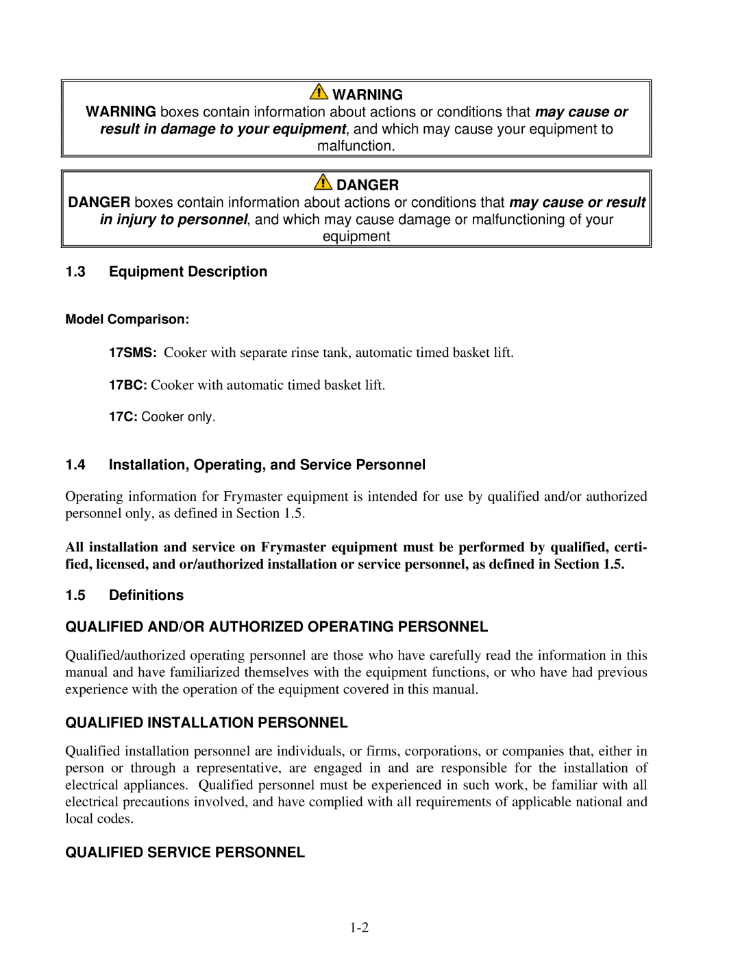 Frymaster 17C, 17SMS, 17BC manual Qualified AND/OR Authorized Operating Personnel, Qualified Installation Personnel 