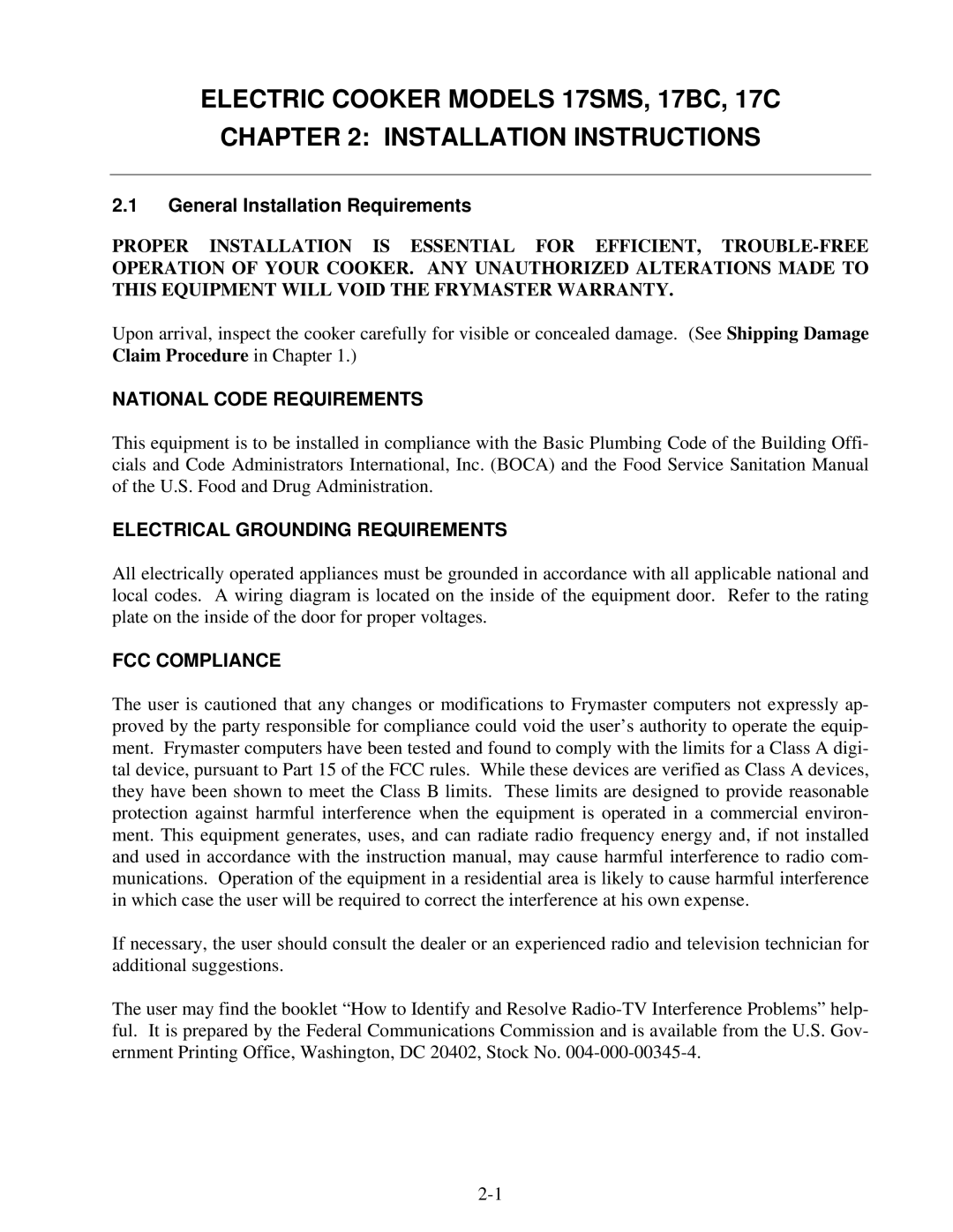 Frymaster 17BC, 17SMS, 17C General Installation Requirements, National Code Requirements, Electrical Grounding Requirements 