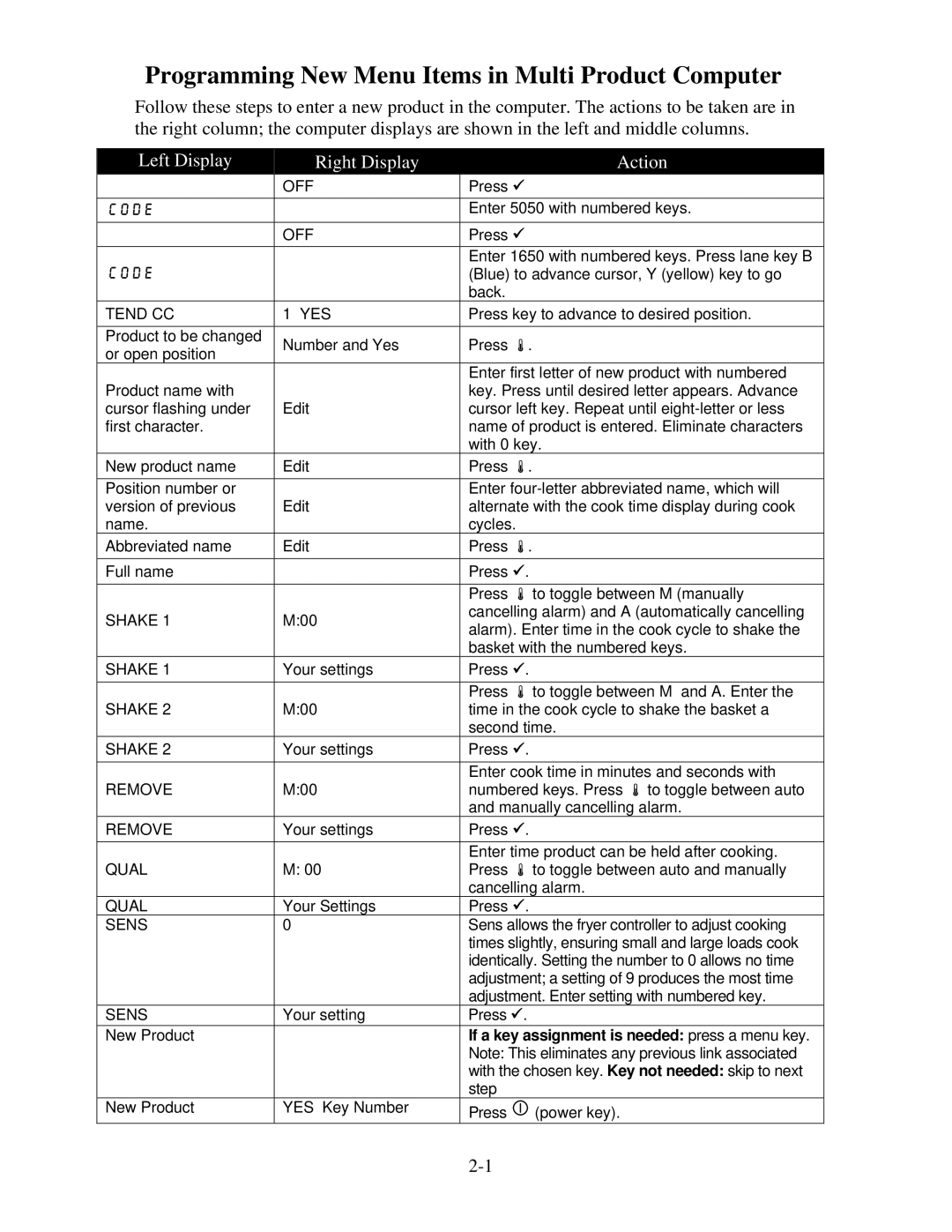 Frymaster 1814 operation manual Programming New Menu Items in Multi Product Computer, Left Display Right Display Action 