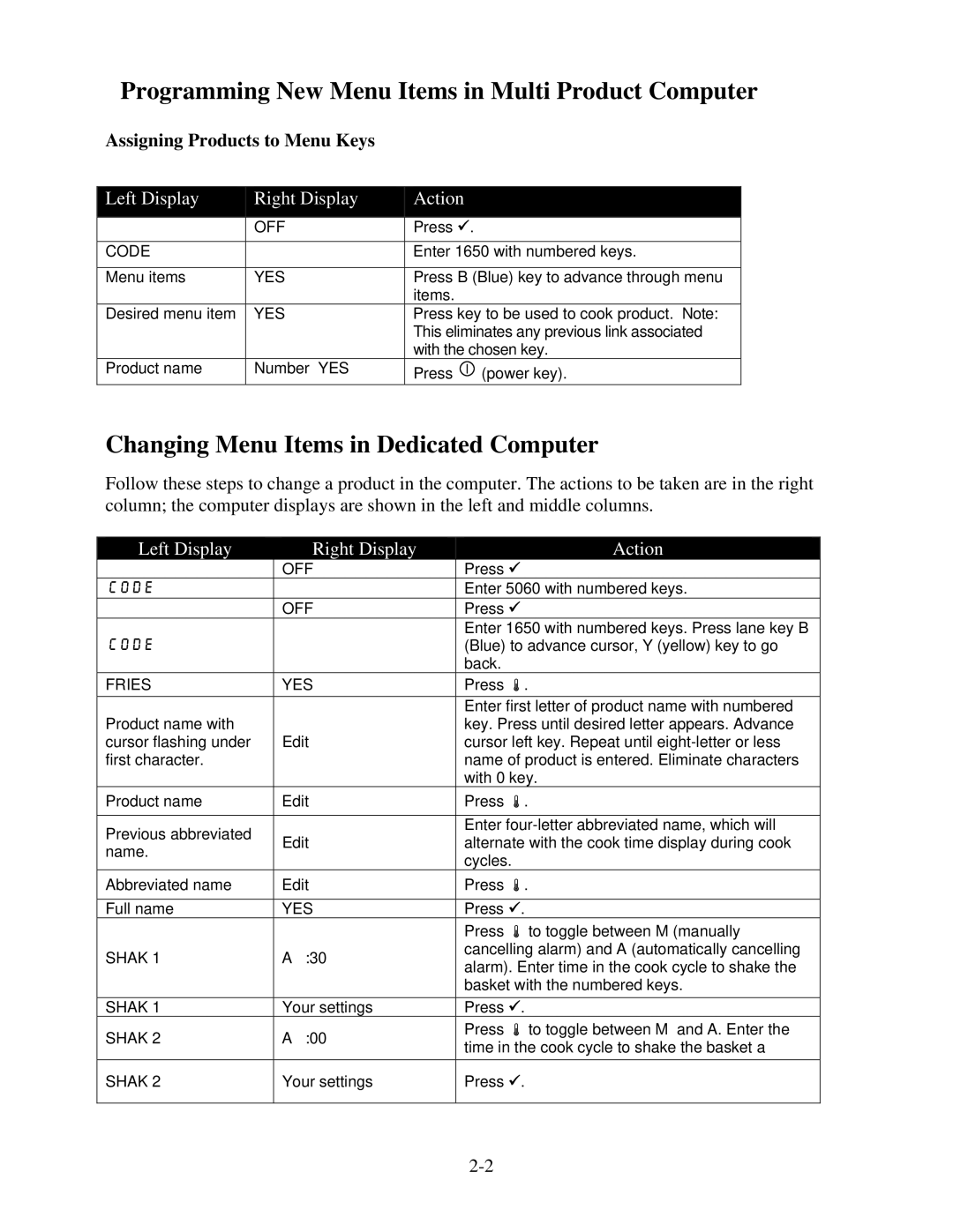 Frymaster 1814 operation manual Changing Menu Items in Dedicated Computer, Assigning Products to Menu Keys 