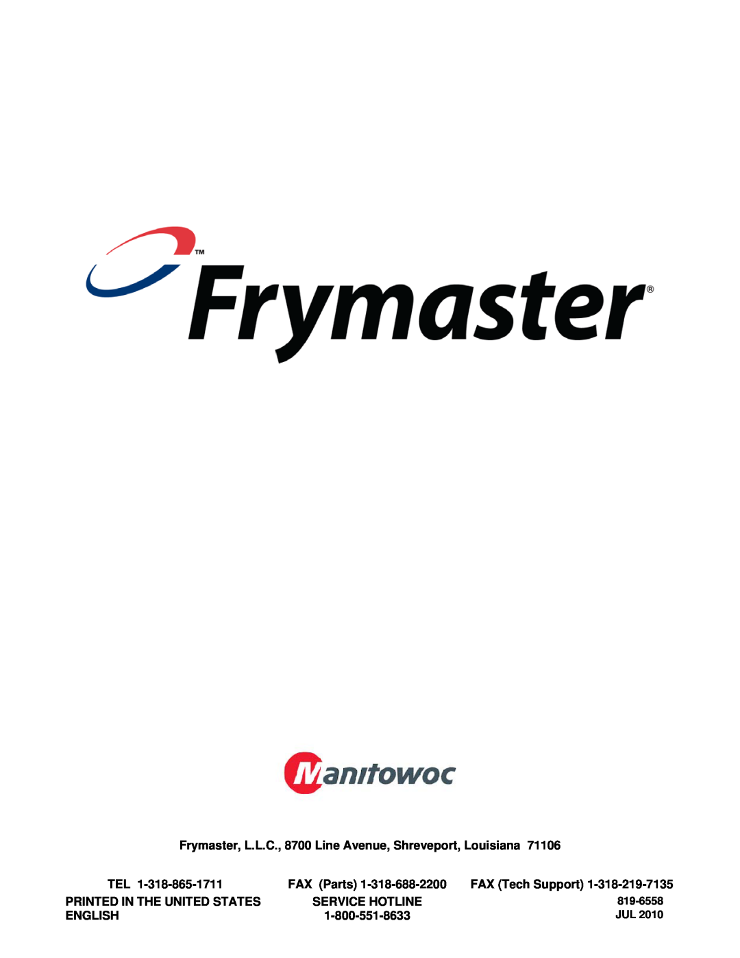 Frymaster 1814 operation manual FAX Parts, FAX Tech Support, Service Hotline, English, 819-6558 