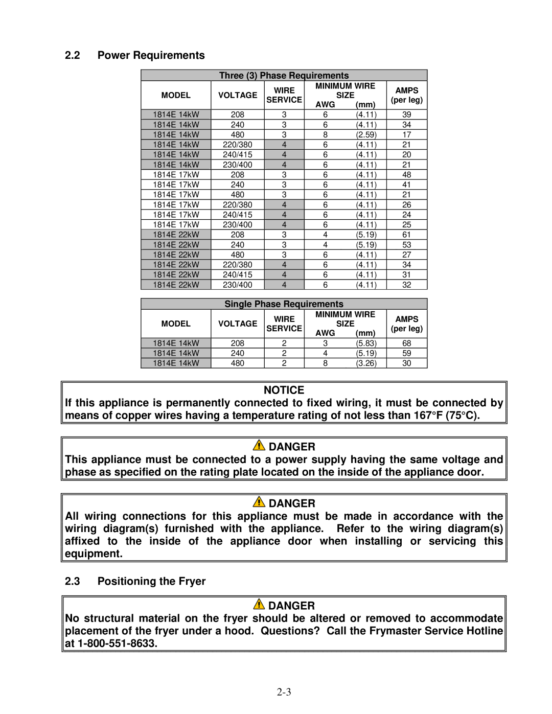 Frymaster 1814E operation manual Power Requirements, Three 3 Phase Requirements 