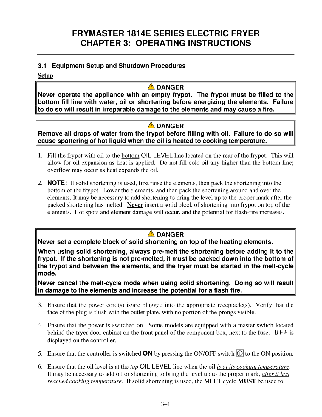 Frymaster 1814E operation manual Equipment Setup and Shutdown Procedures 