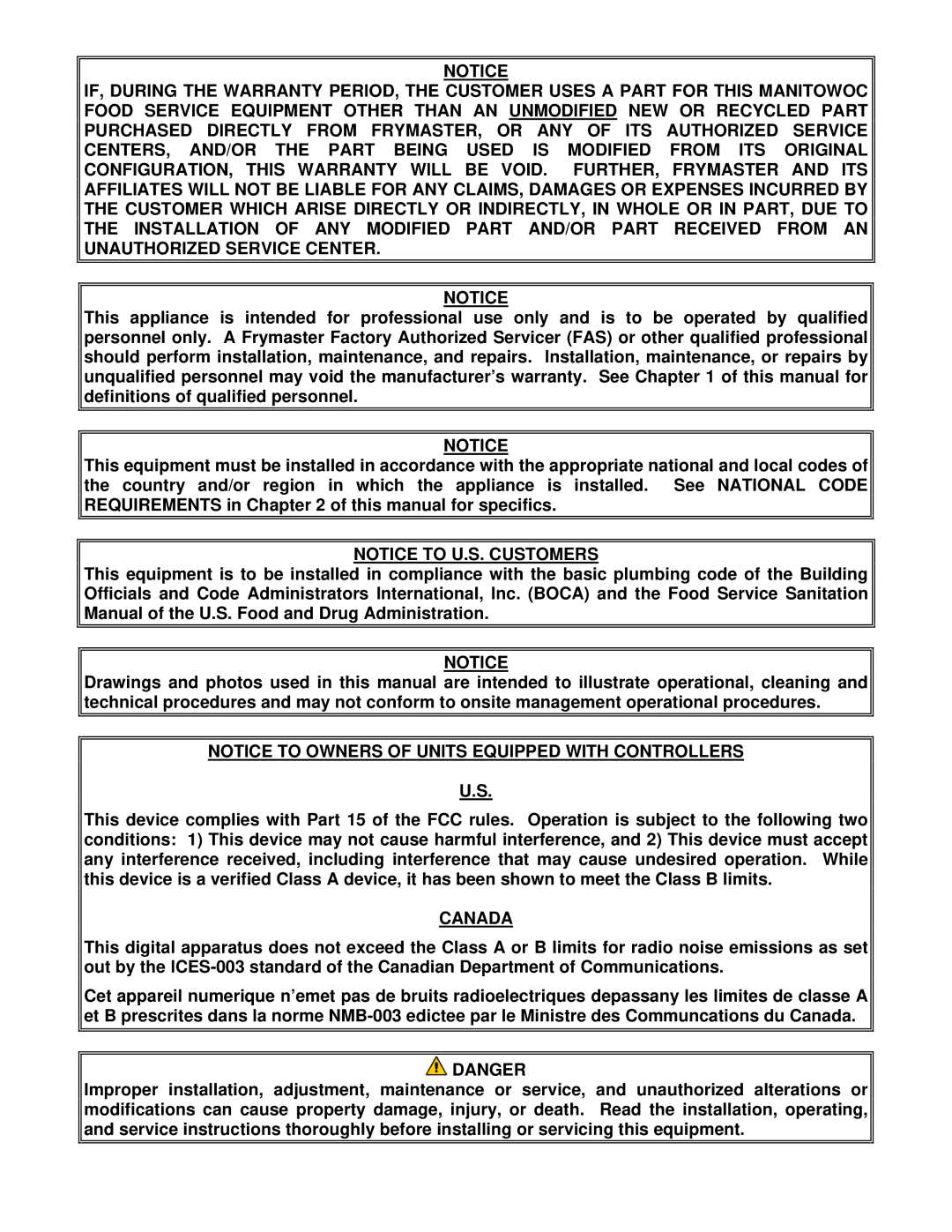 Frymaster 1814E operation manual Canada 