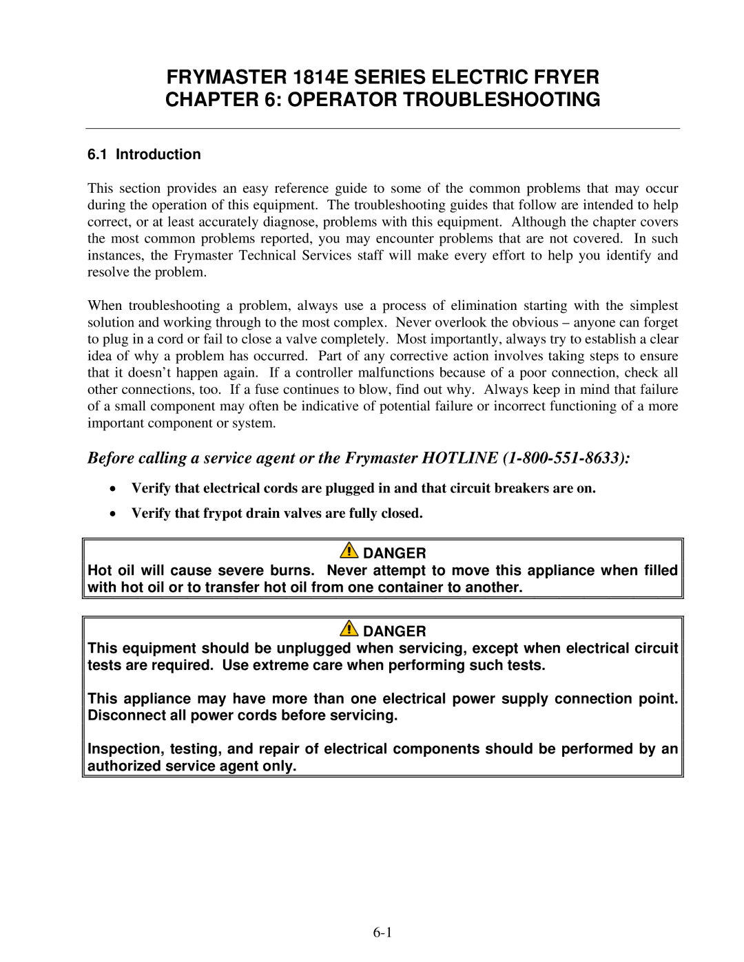 Frymaster 1814E operation manual Before calling a service agent or the Frymaster Hotline, Introduction 