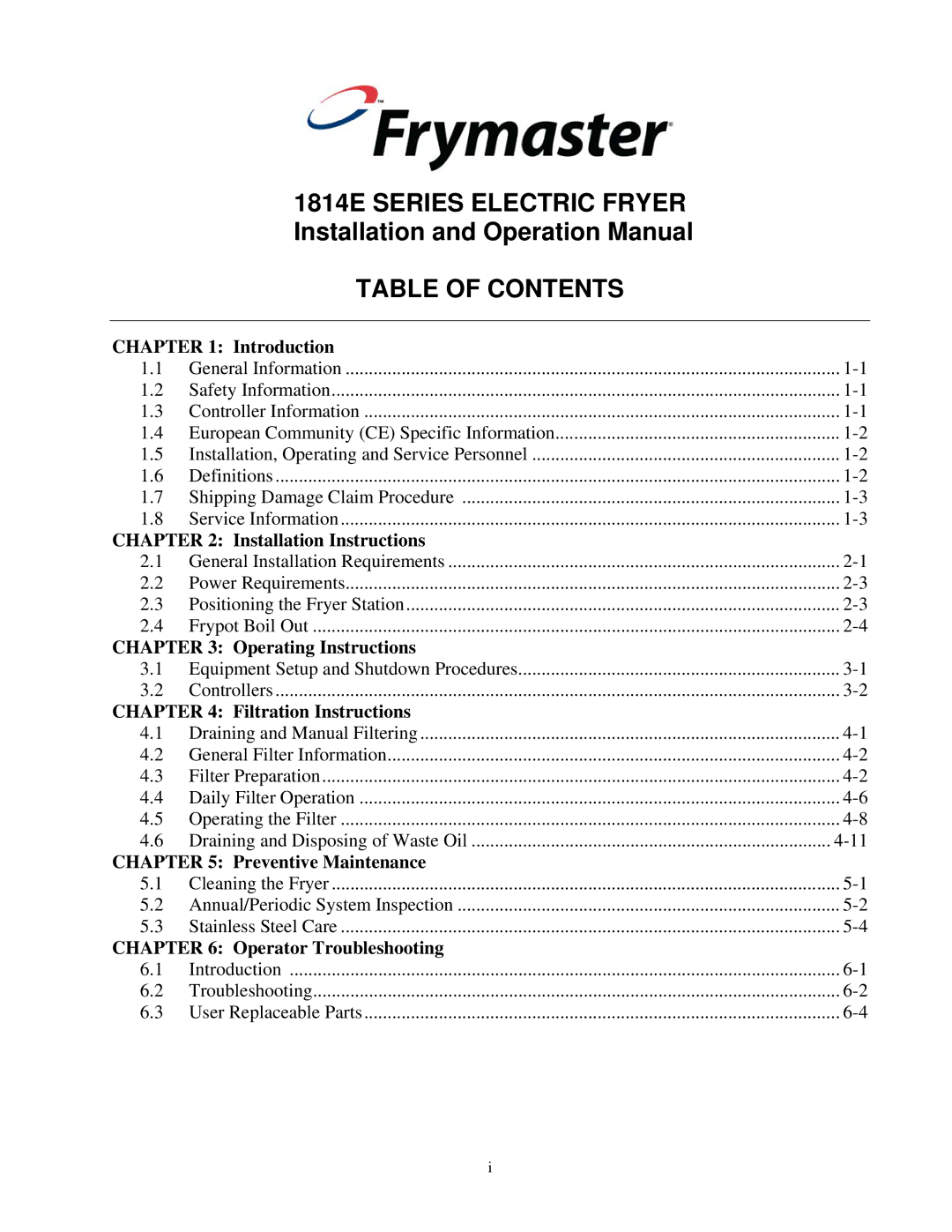 Frymaster 1814E operation manual Table of Contents 