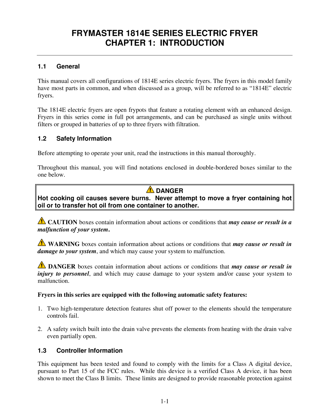 Frymaster 1814E operation manual General, Safety Information, Controller Information 