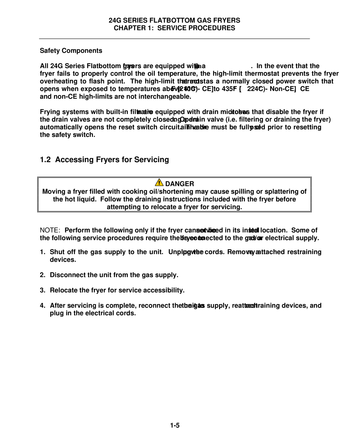 Frymaster 1824/2424G manual Accessing Fryers for Servicing, Safety Components 