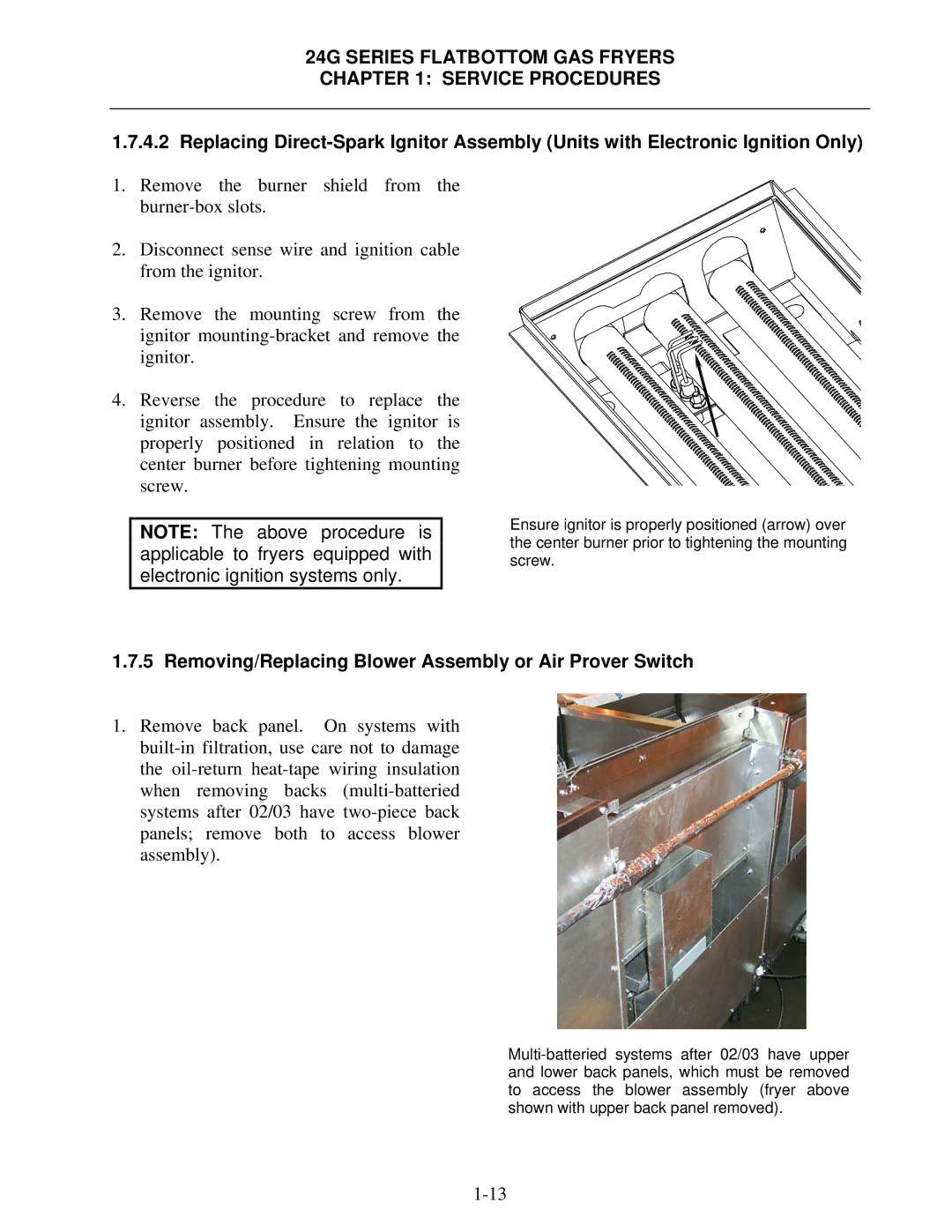 Frymaster 1824/2424G manual Removing/Replacing Blower Assembly or Air Prover Switch 