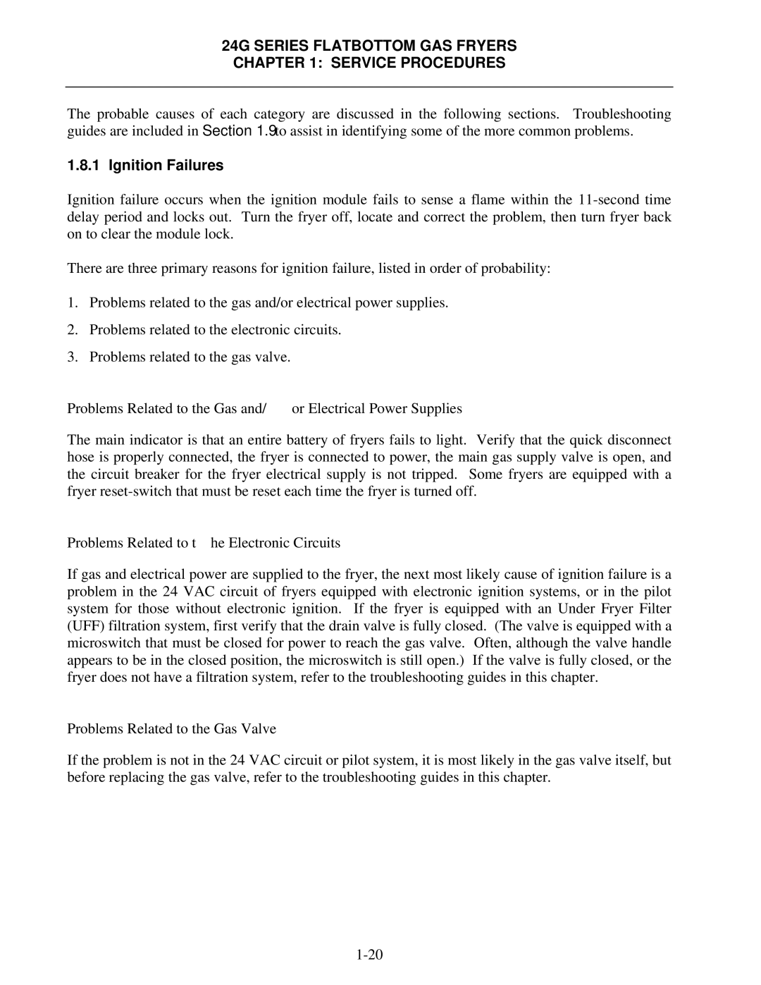 Frymaster 1824/2424G manual Ignition Failures, Problems Related to the Electronic Circuits 