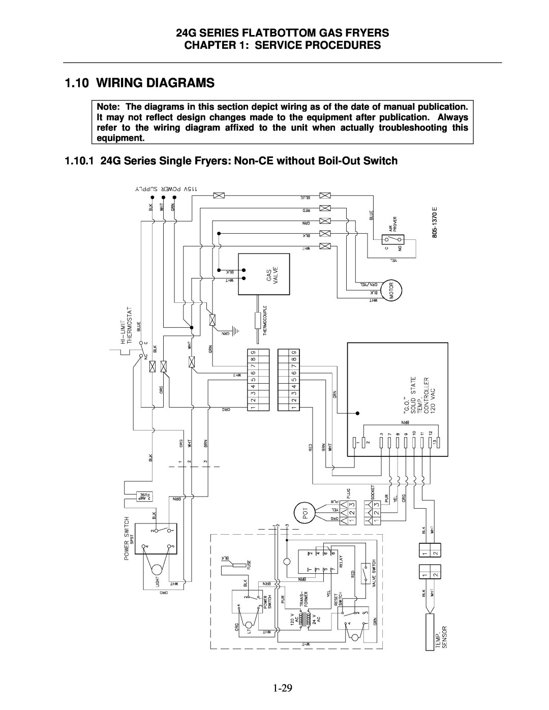 Frymaster 1824/2424G manual Wiring Diagrams, 1.10.1 24G Series Single Fryers Non-CE without Boil-Out Switch, 805-1370 E 