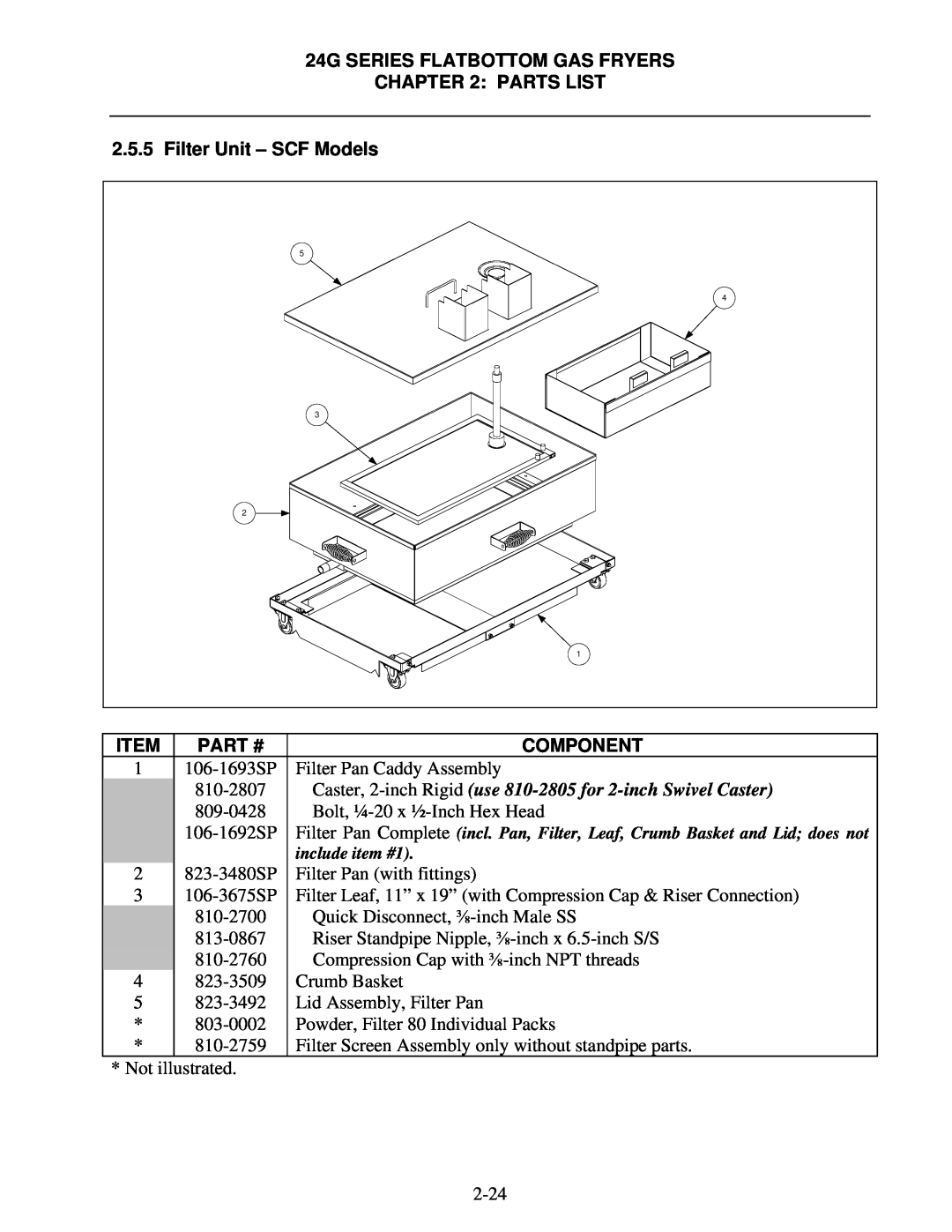 Frymaster 1824/2424G manual Filter Unit - SCF Models, Caster, 2-inch Rigid use 810-2805 for 2-inch Swivel Caster, Part # 