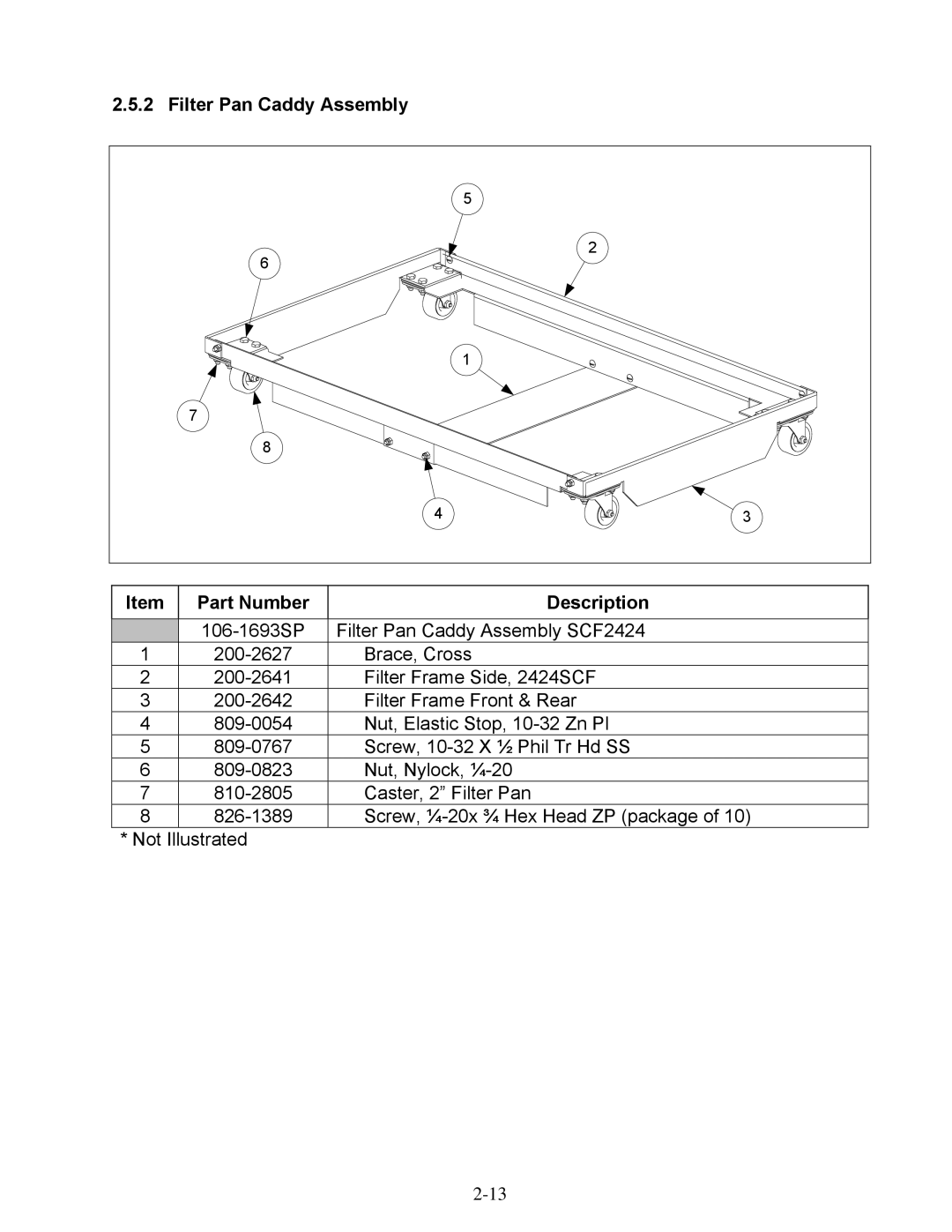 Frymaster 1824E manual Filter Pan Caddy Assembly Item Part Number 