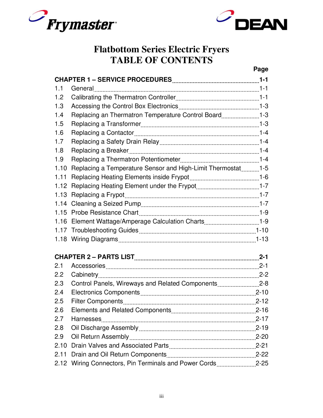 Frymaster 1824E manual Table of Contents 