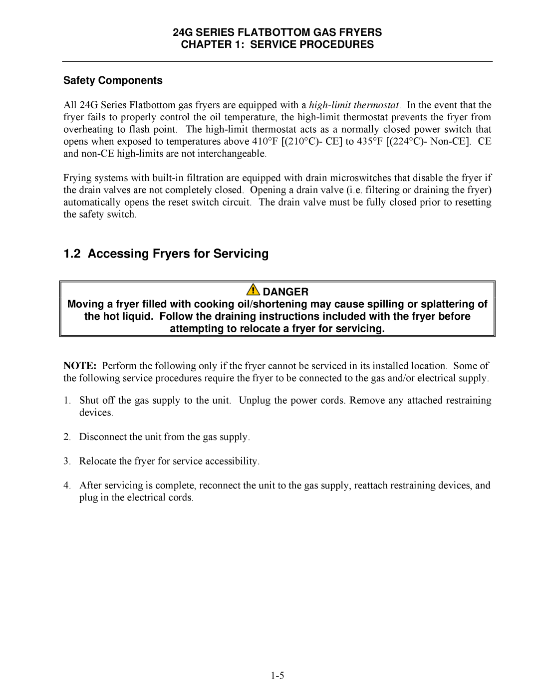 Frymaster 2424G, 1824G manual Accessing Fryers for Servicing, Safety Components 