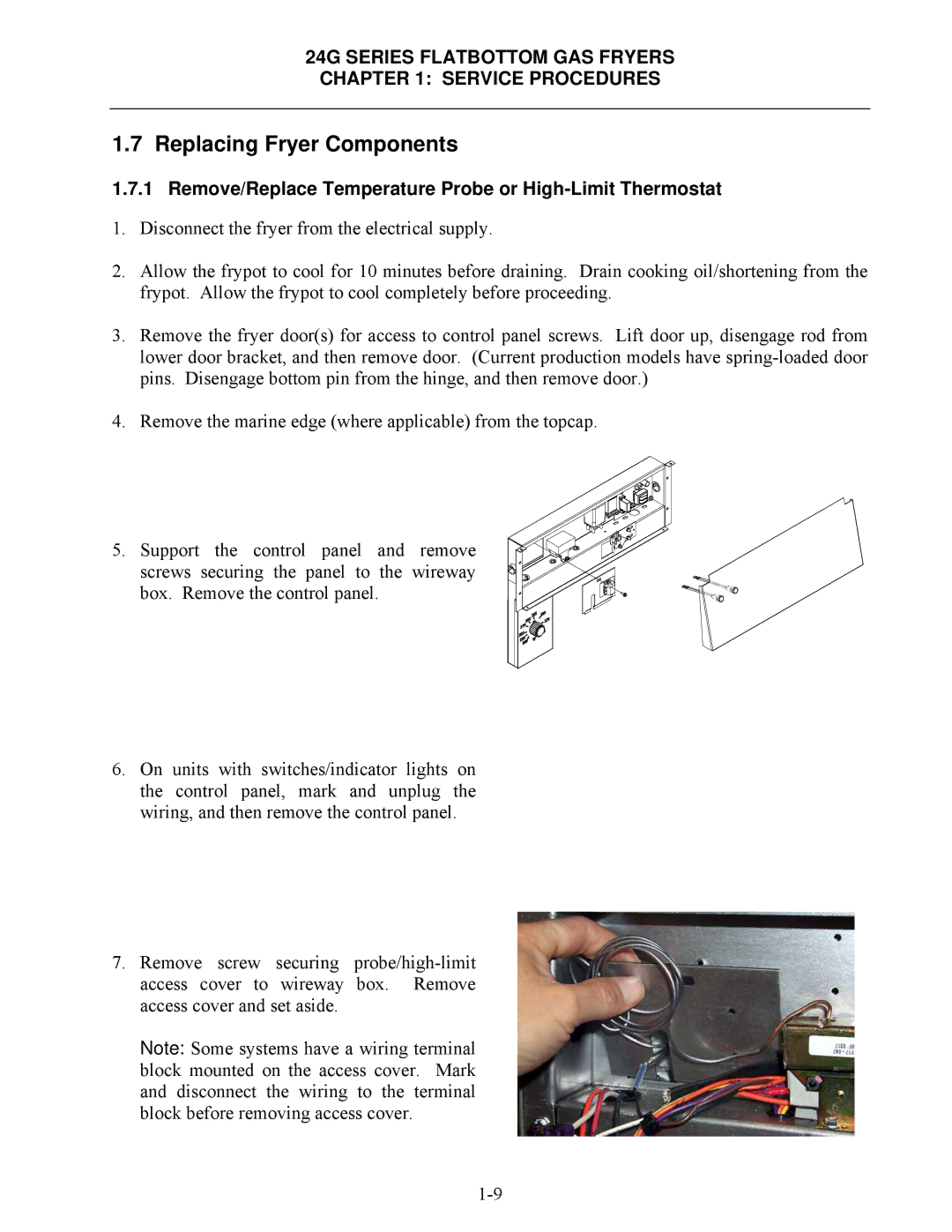 Frymaster 2424G, 1824G manual Replacing Fryer Components, Remove/Replace Temperature Probe or High-Limit Thermostat 