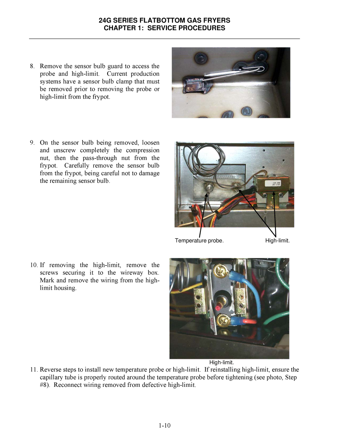 Frymaster 1824G, 2424G manual Temperature probe High-limit 